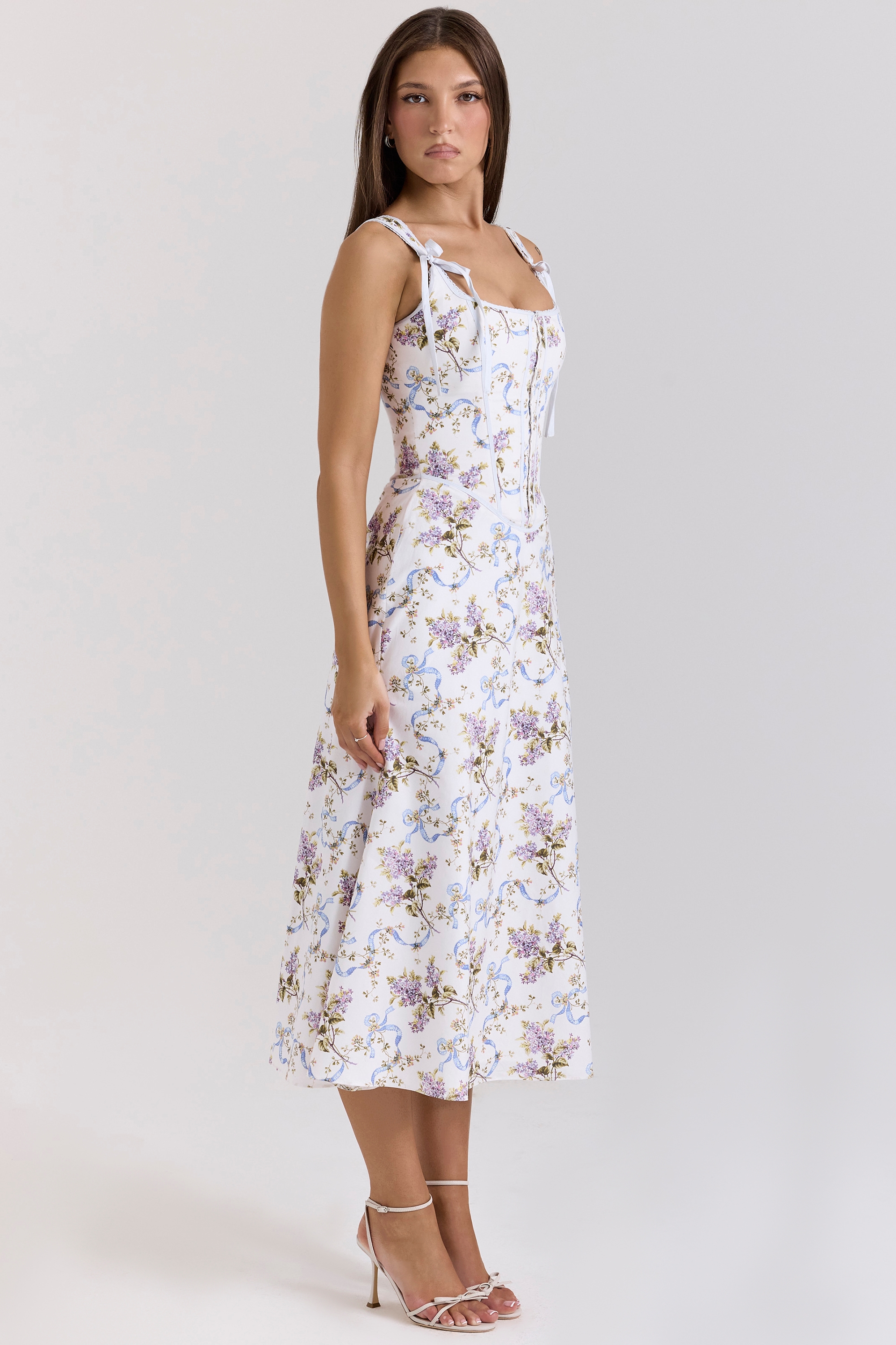 Dionne  Off White Floral Print Cotton Midi Dress — image 5