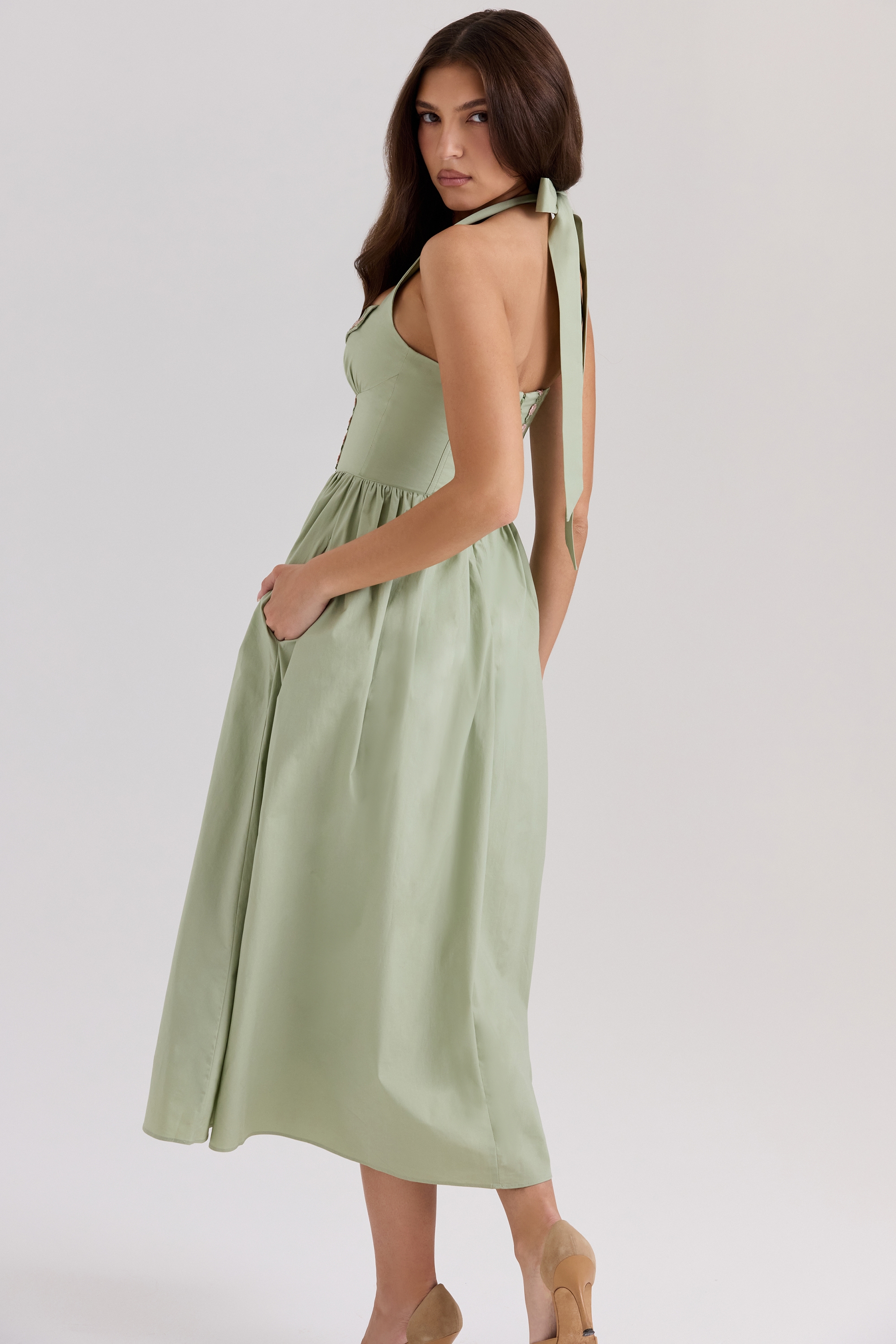 Emilia  Sage Stretch Cotton Halter Neck Midi Dress — image 2