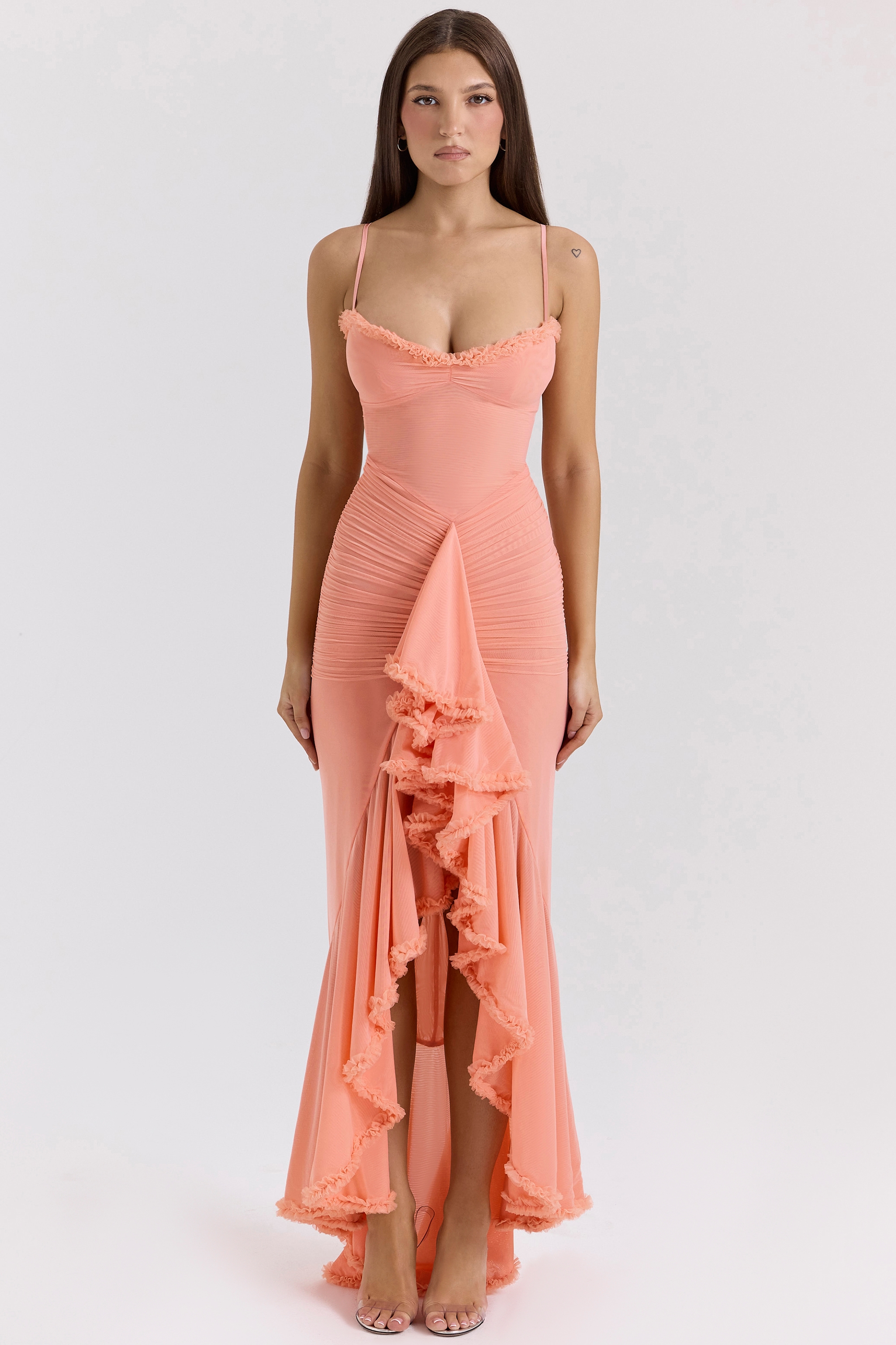 Gabbi  Peach Mesh Ruffled Front Gown — image 3