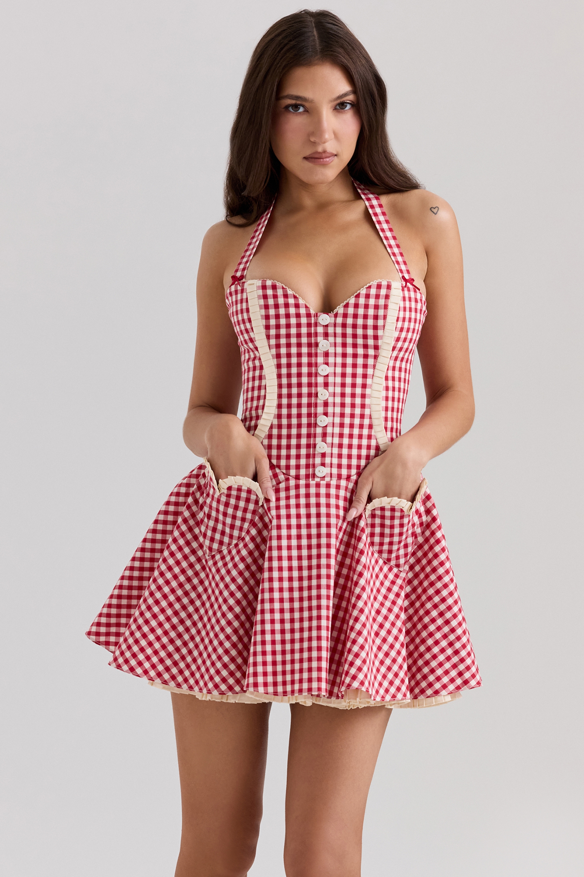 Heidi  Red Gingham Cotton Halter Neck Mini Dress — image 1