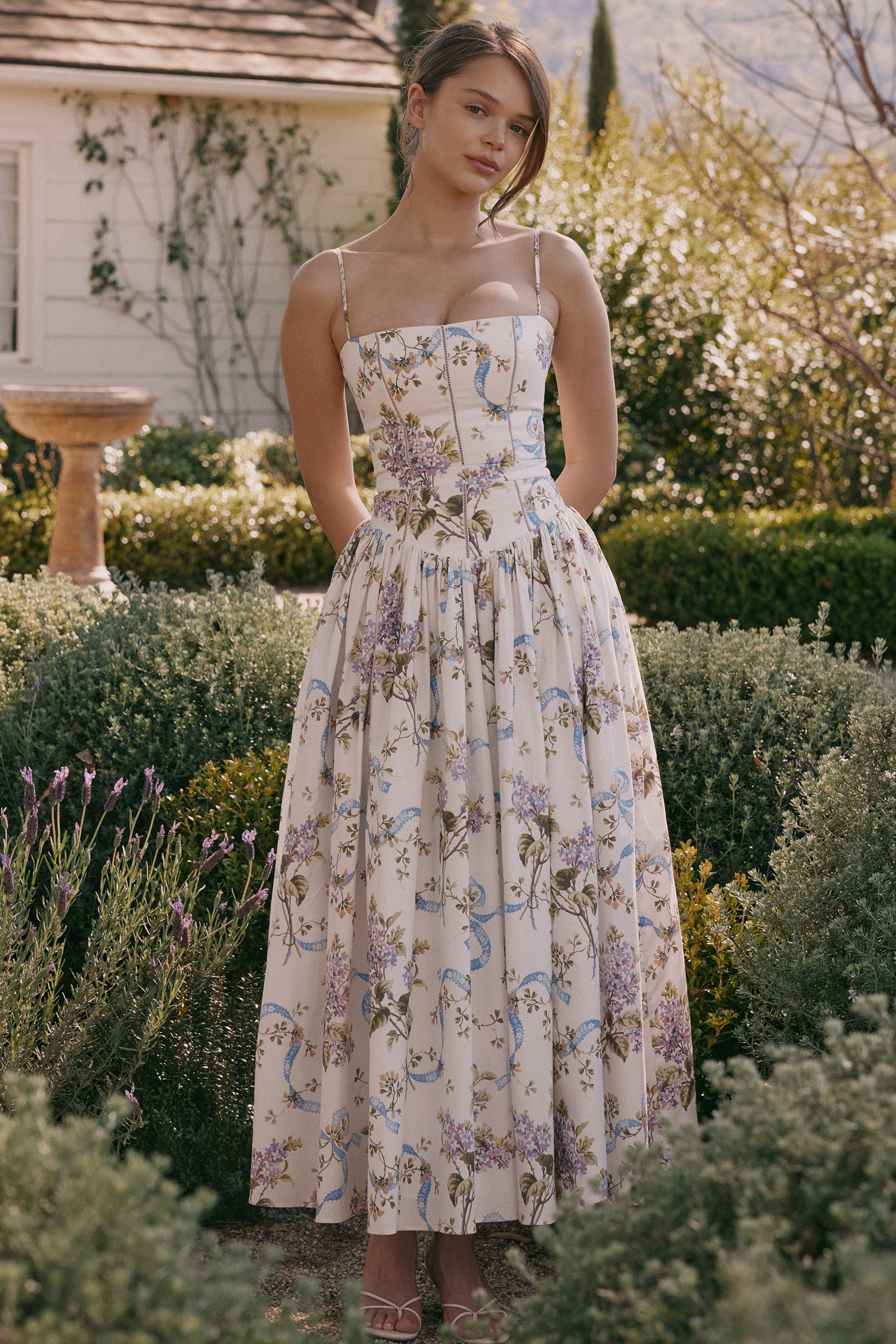 Ysabella  Off White Vintage Ribbon Print Cotton Midi Sundress — image 2