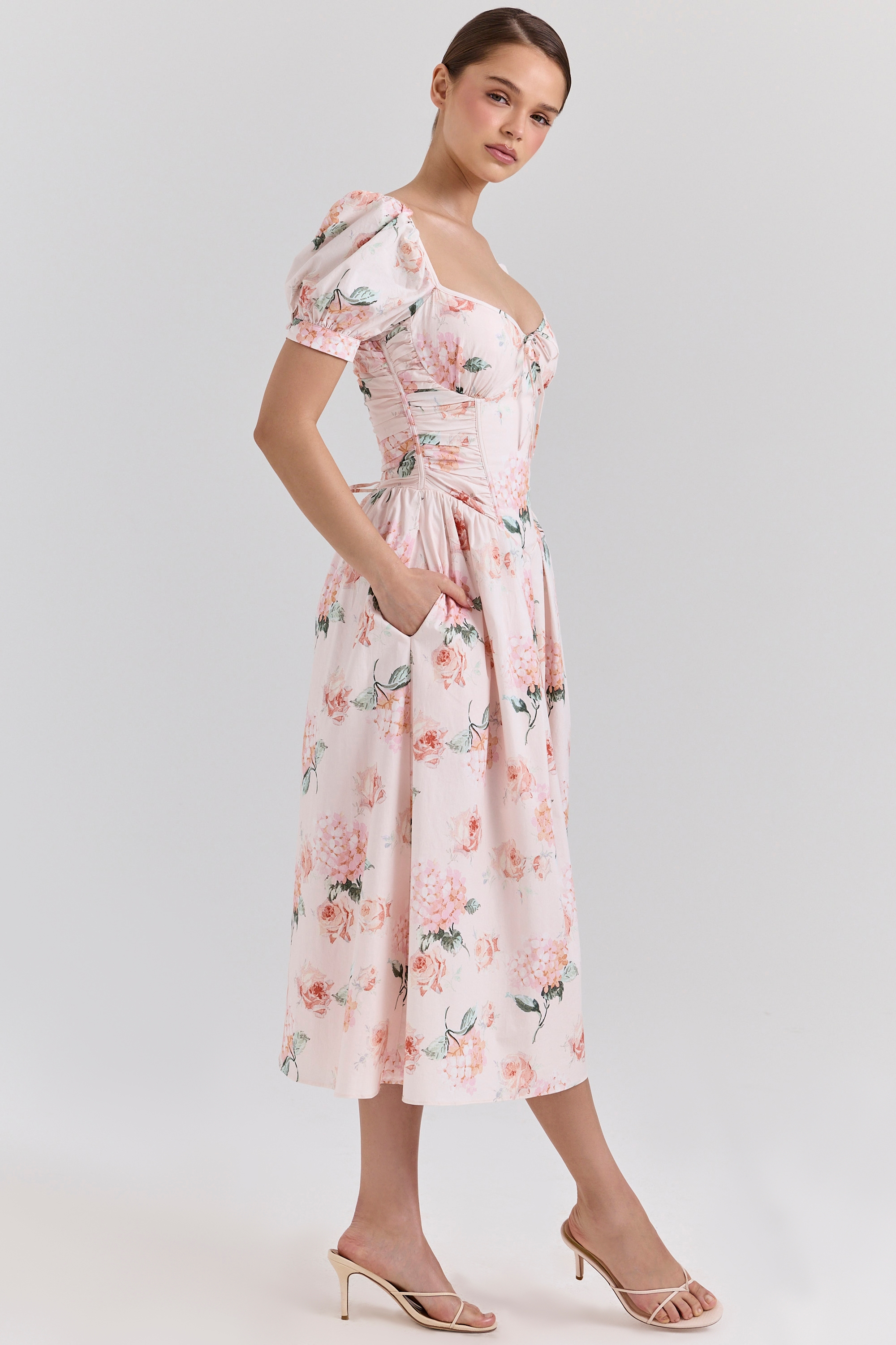 Lulabell  Peach Floral Cotton Puff Sleeve Midi Dress — image 3