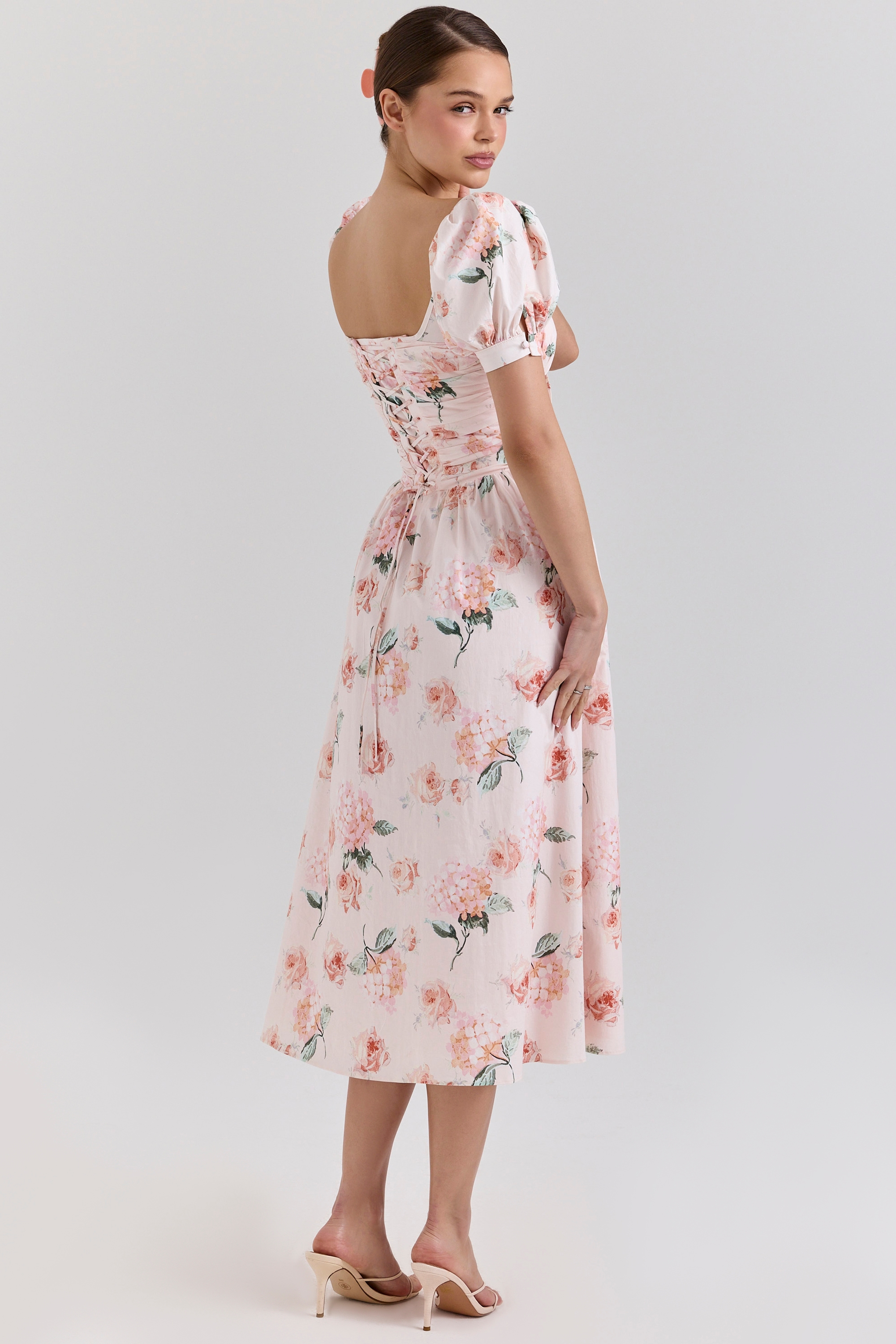 Lulabell  Peach Floral Cotton Puff Sleeve Midi Dress — image 5