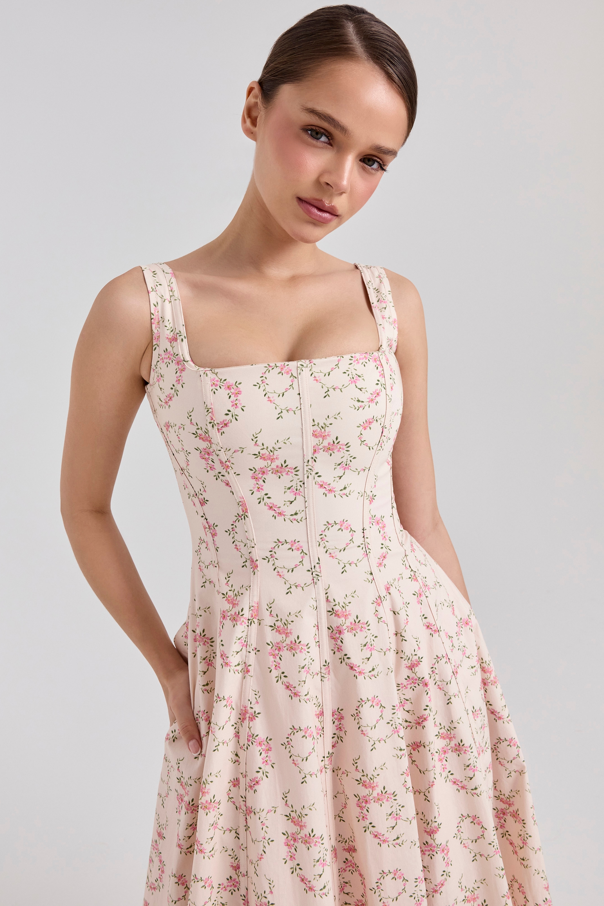 Mariabella  Cream Floral Print Cotton Midi Sun Dress — image 5