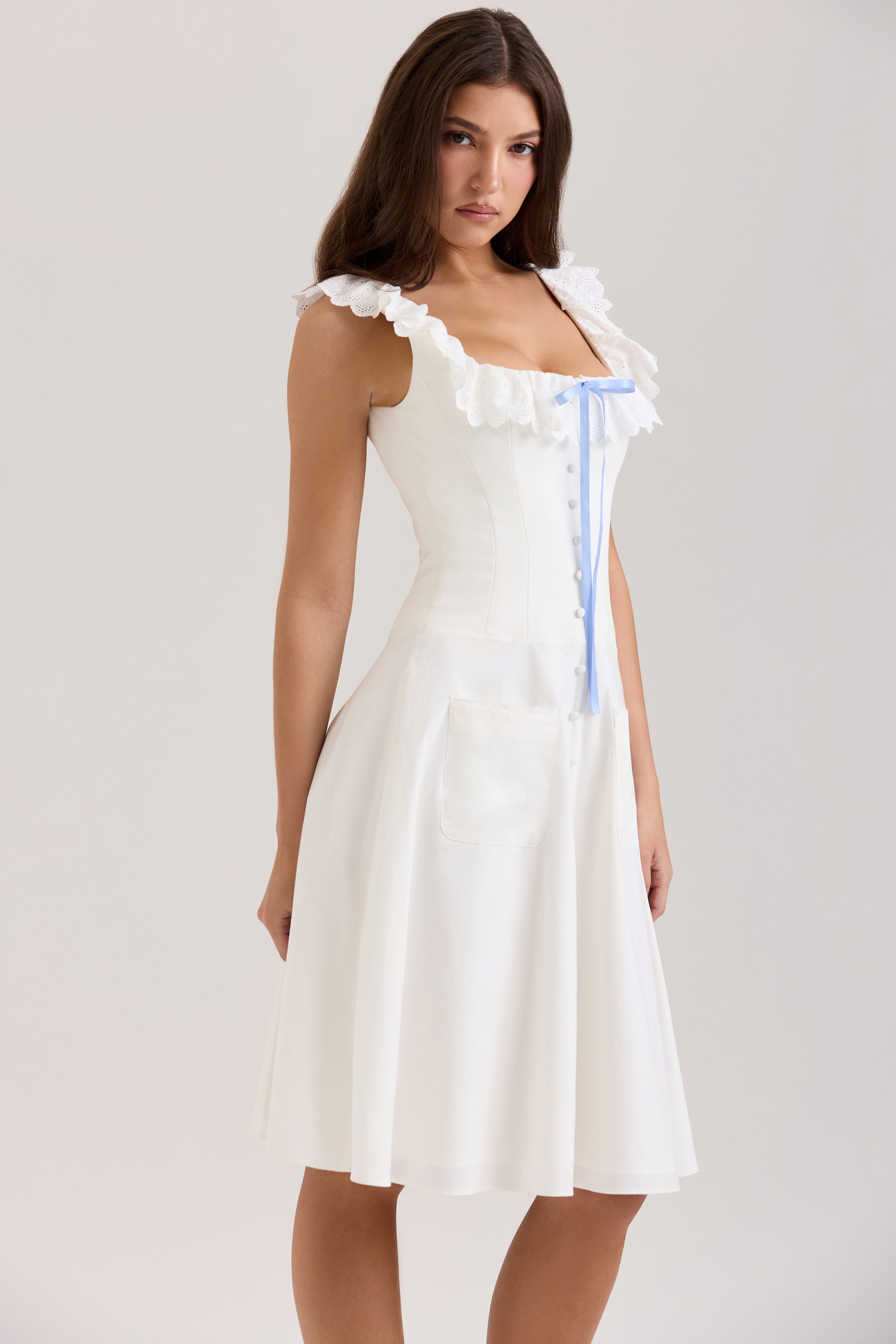 Mathilde  White Cotton Broderie Anglaise Trim Midi Dress — image 5