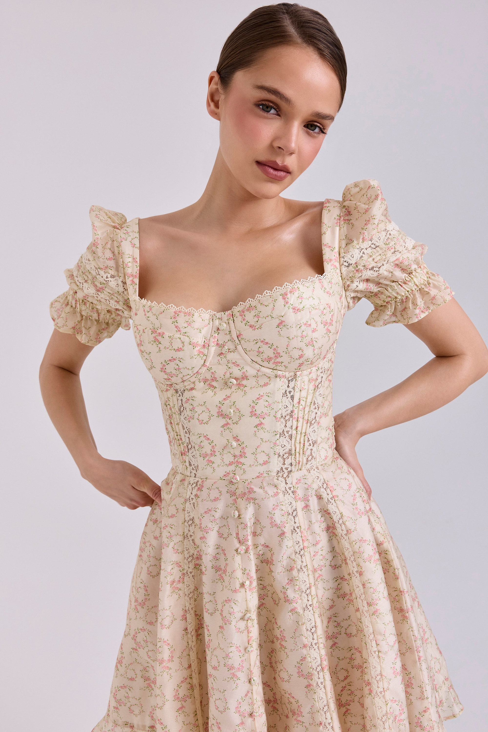 Melita  Cream Floral Print Chiffon Puff Sleeve Mini Dress — image 5