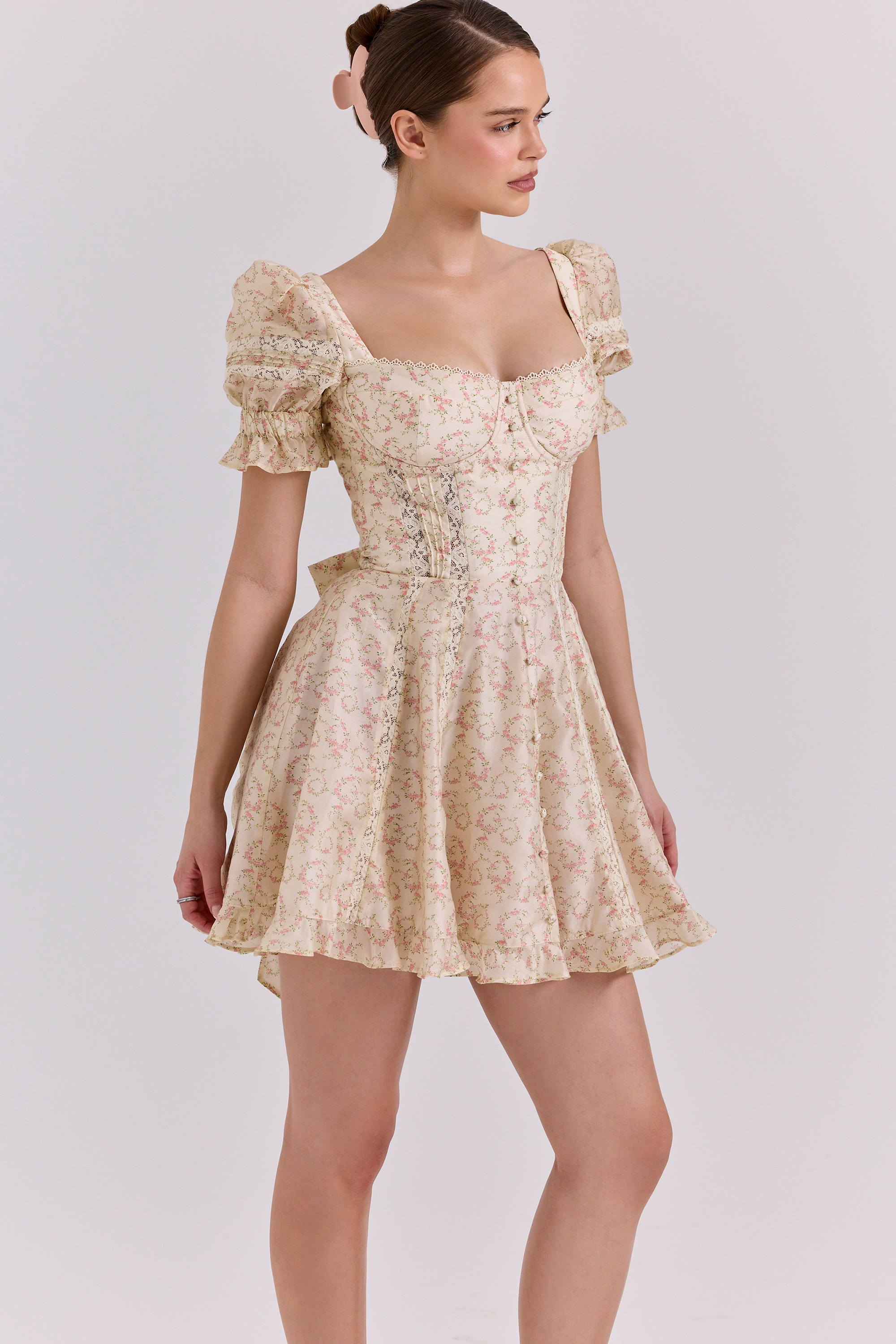 Melita  Cream Floral Print Chiffon Puff Sleeve Mini Dress — image 6