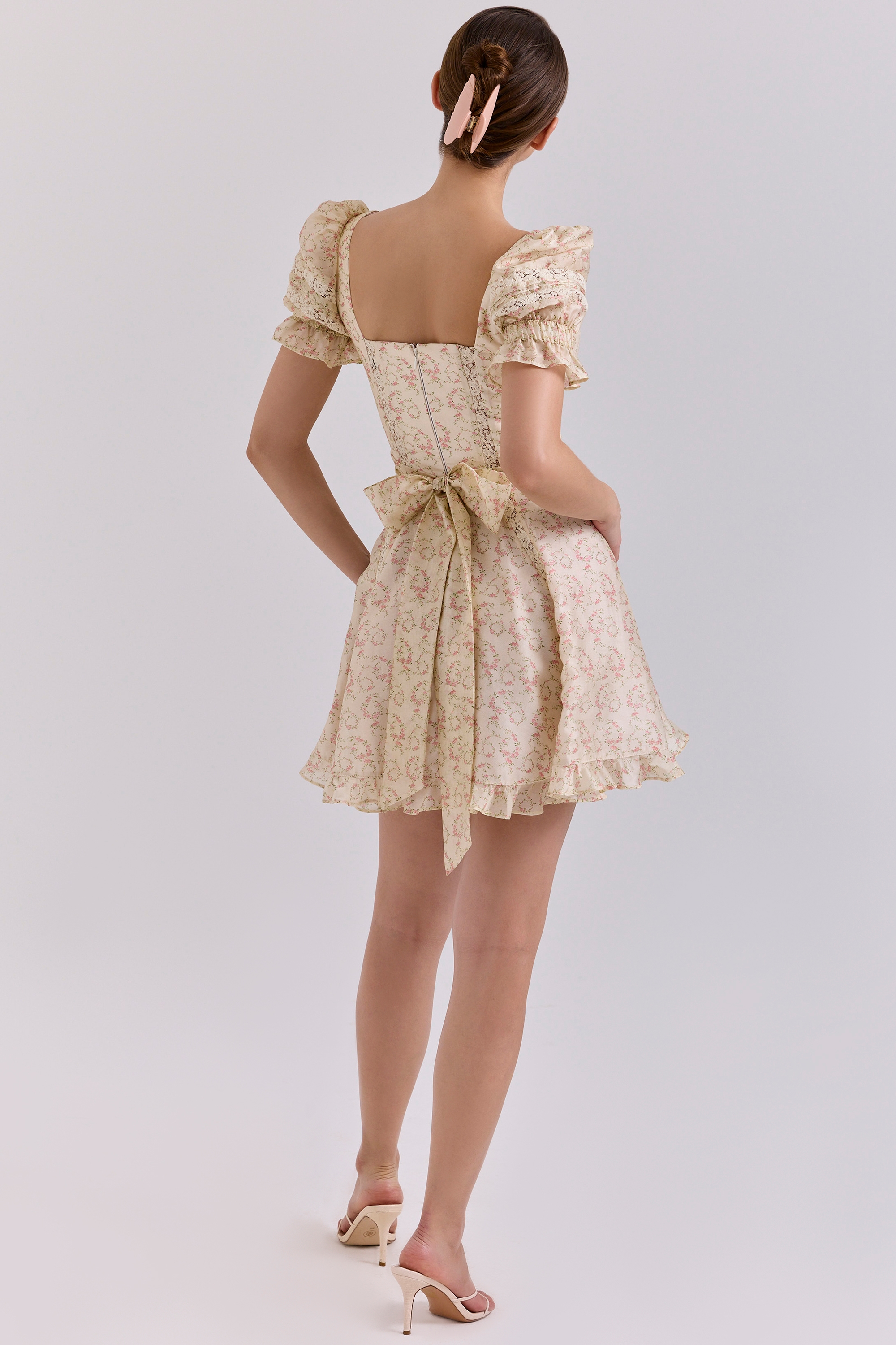 Melita  Cream Floral Print Chiffon Puff Sleeve Mini Dress — image 7