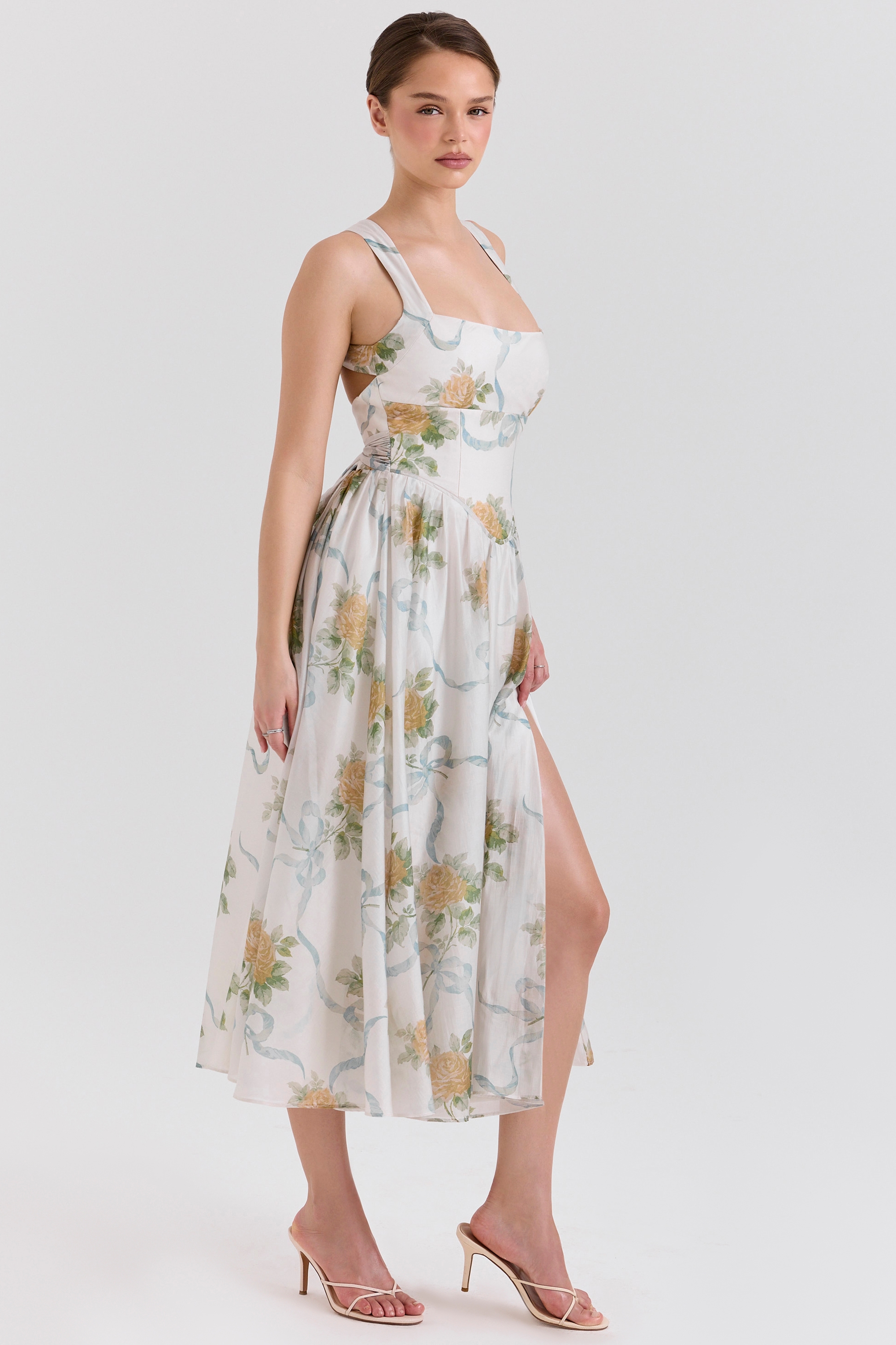 Minerva  Soft Blue Vintage Ribbon Print Chiffon Midi Dress — image 6
