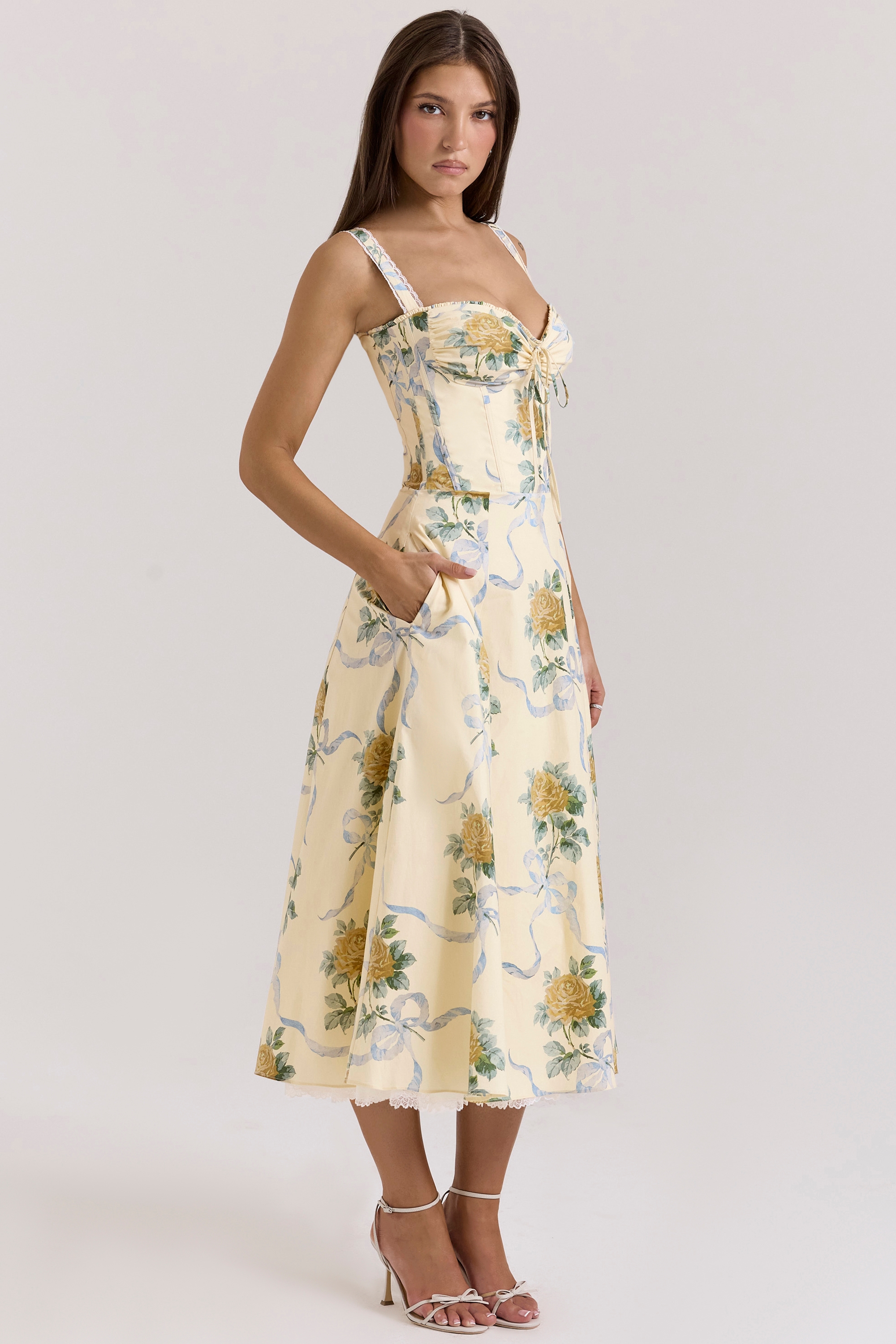 Rosalee  Lemon Vintage Ribbon Print Cotton Midi Dress — image 6