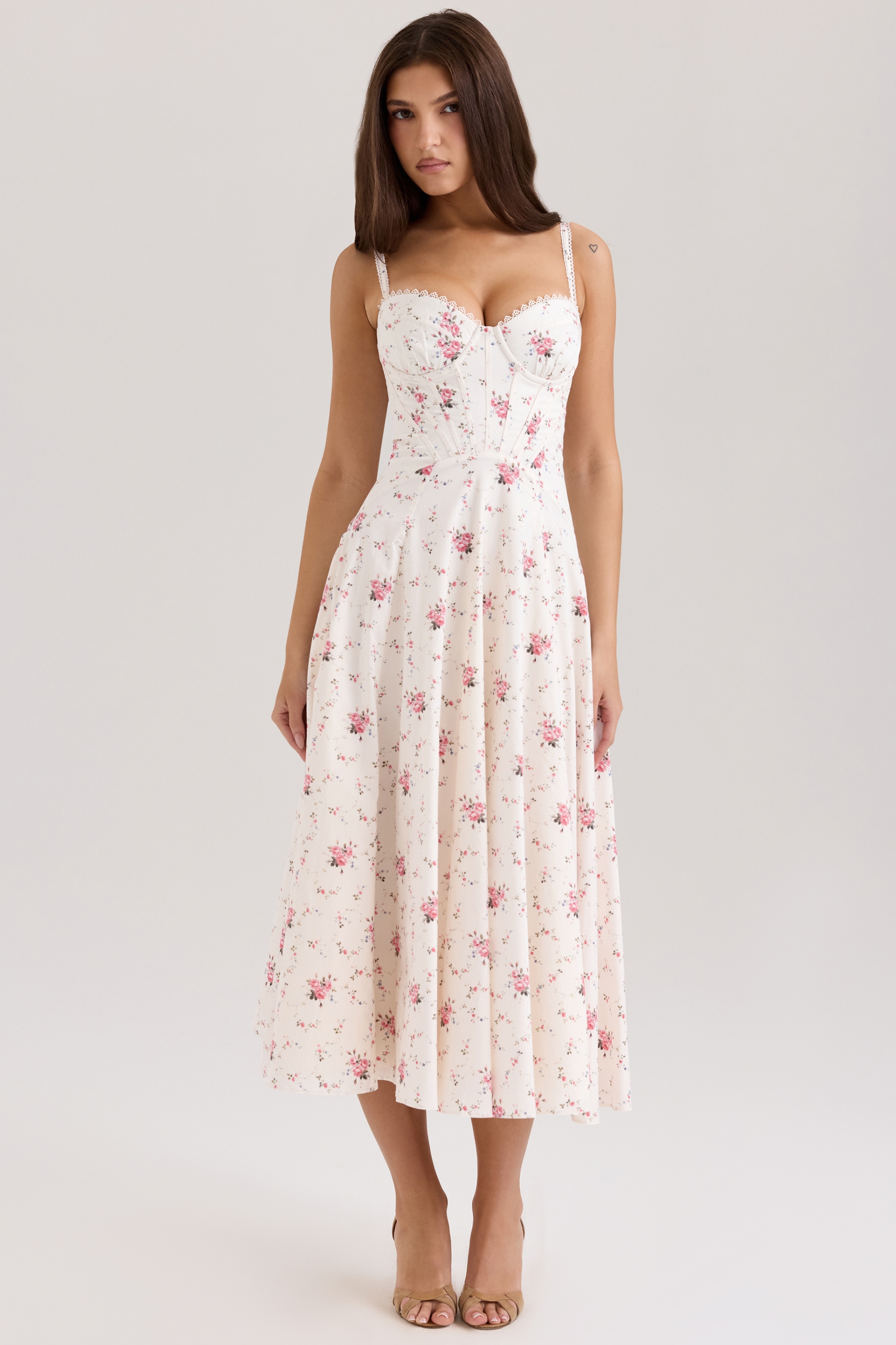 Steffani  White Stretch Cotton Rose Print Midi Sundress — image 1