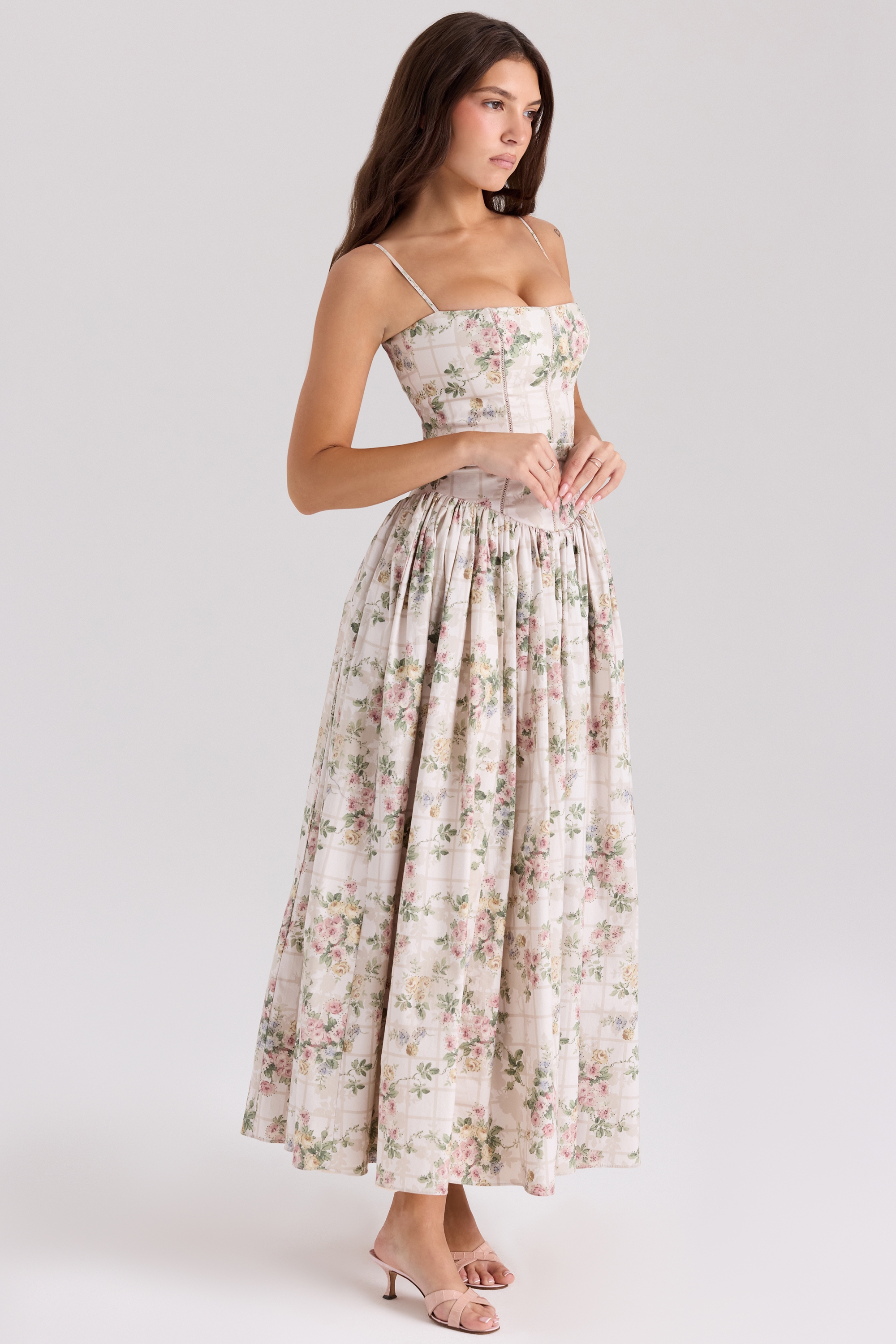 Ysabella  Cream Floral Print Cotton Midi Sundress — image 3