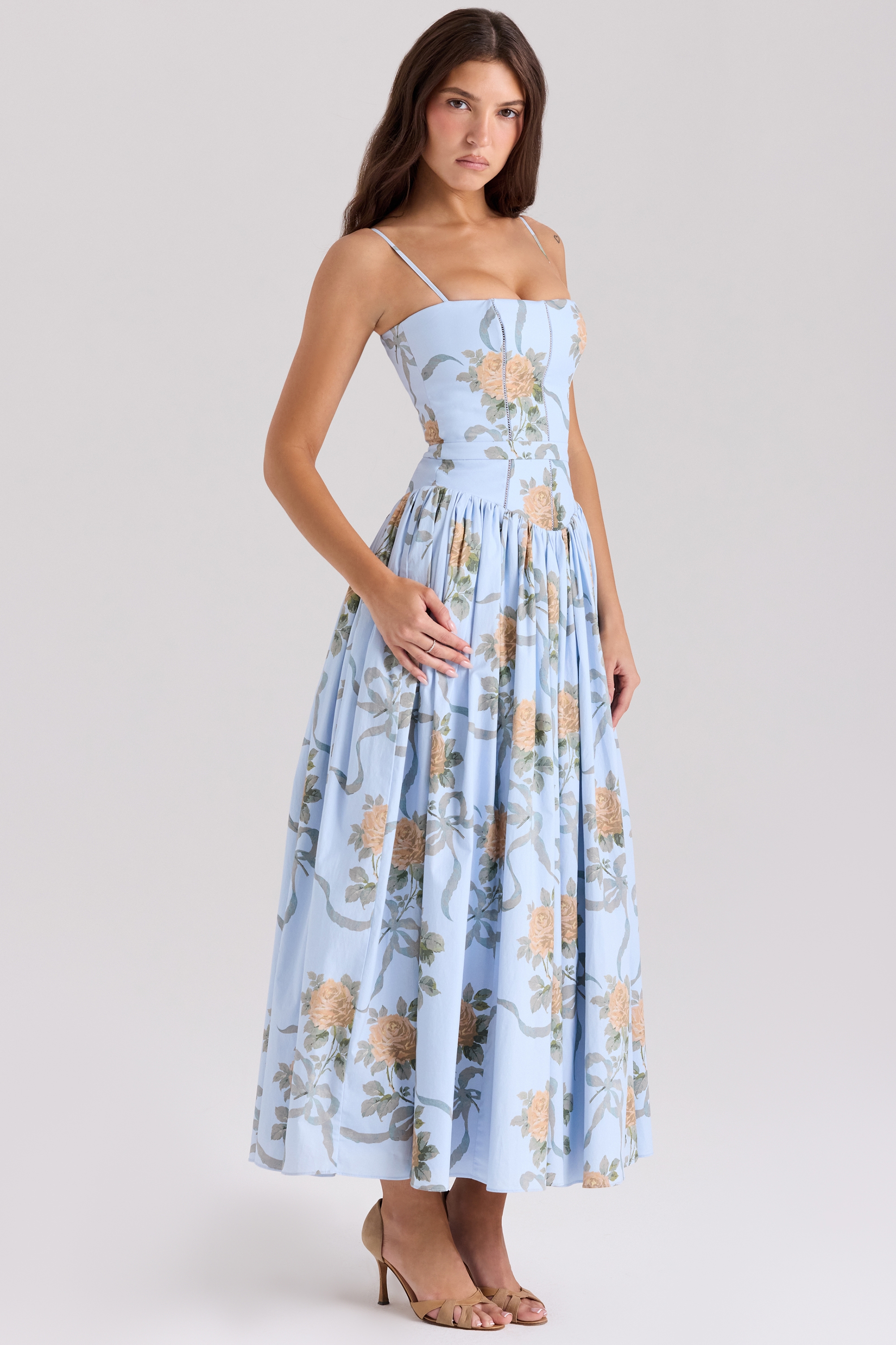 Ysabella  Blue Vintage Rose Print Cotton Midi Sundress — image 2