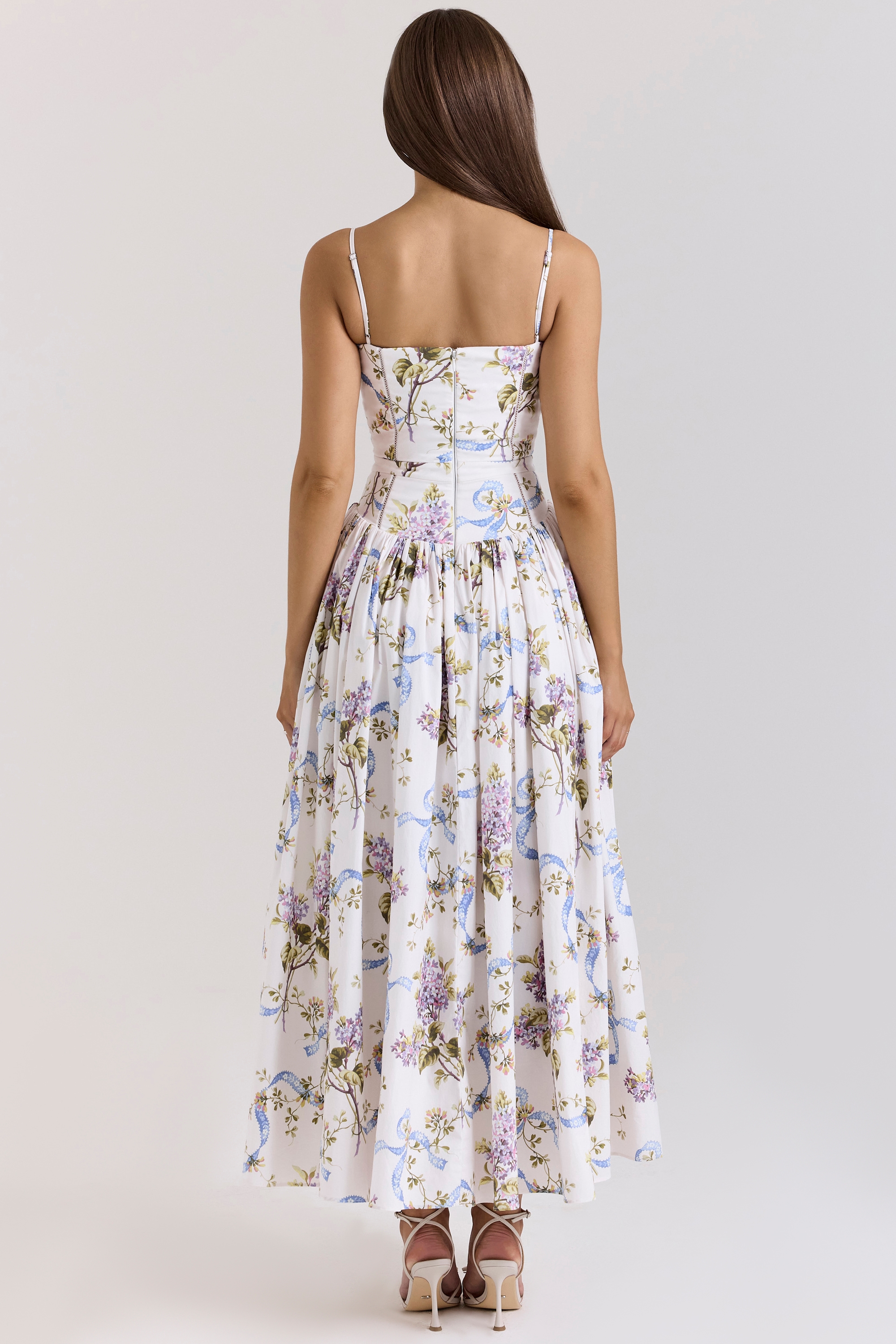 Ysabella  Off White Vintage Ribbon Print Cotton Midi Sundress — image 7