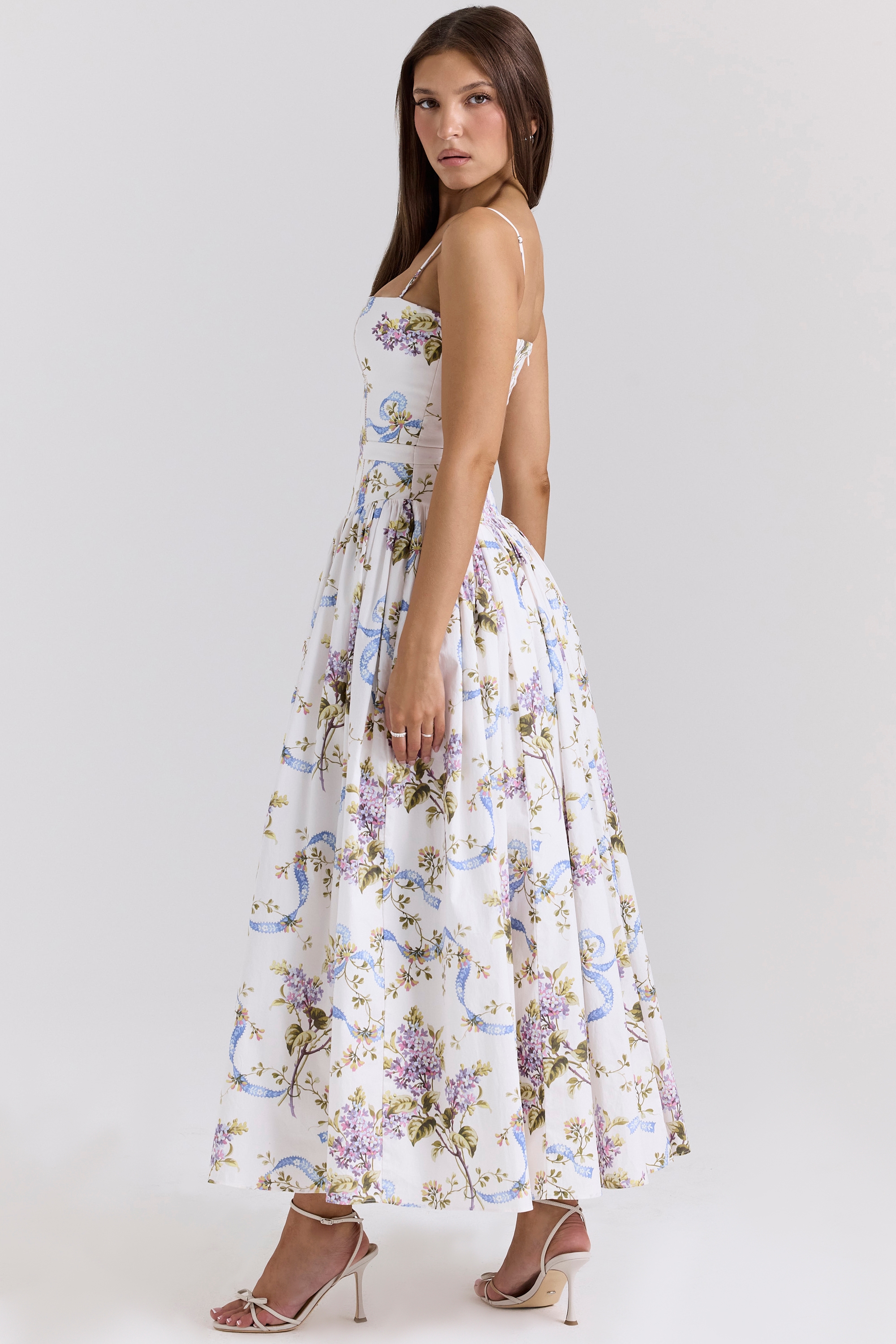 Ysabella  Off White Vintage Ribbon Print Cotton Midi Sundress — image 6