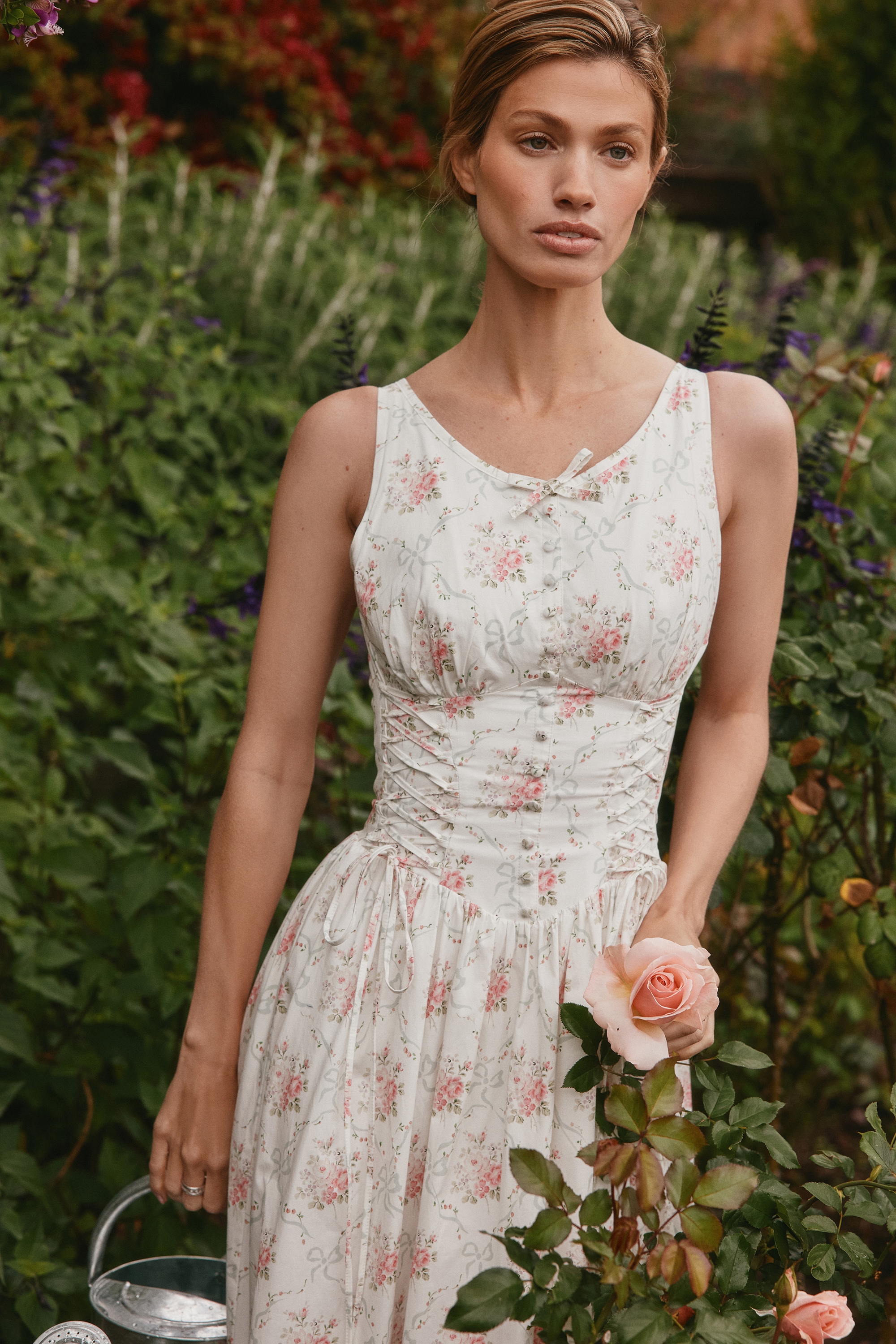 Sienna  Rose Print Stretch Cotton Lace Up Midi Dress — image 2