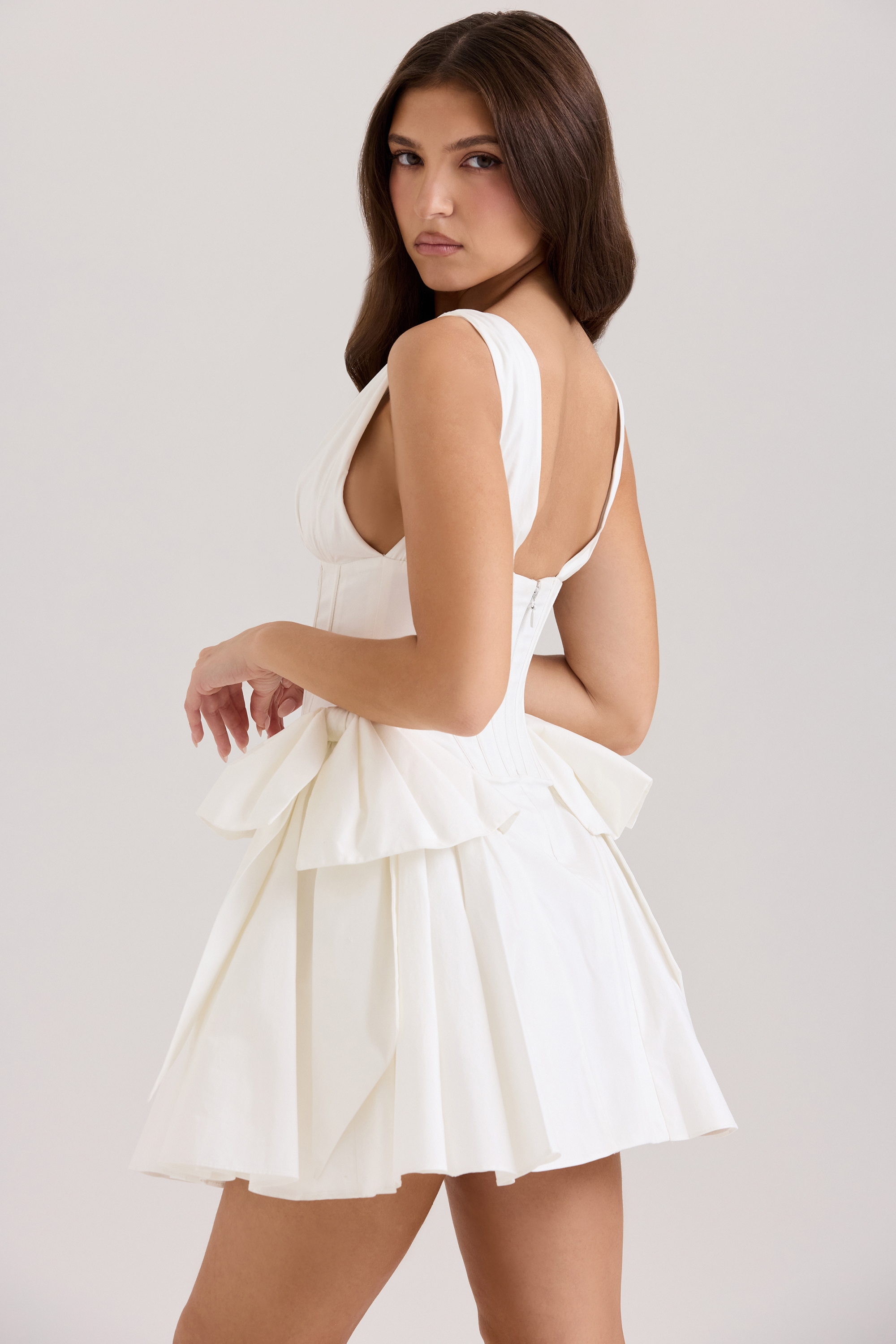 Amalia  White Stretch Cotton Bow Mini Dress — image 2