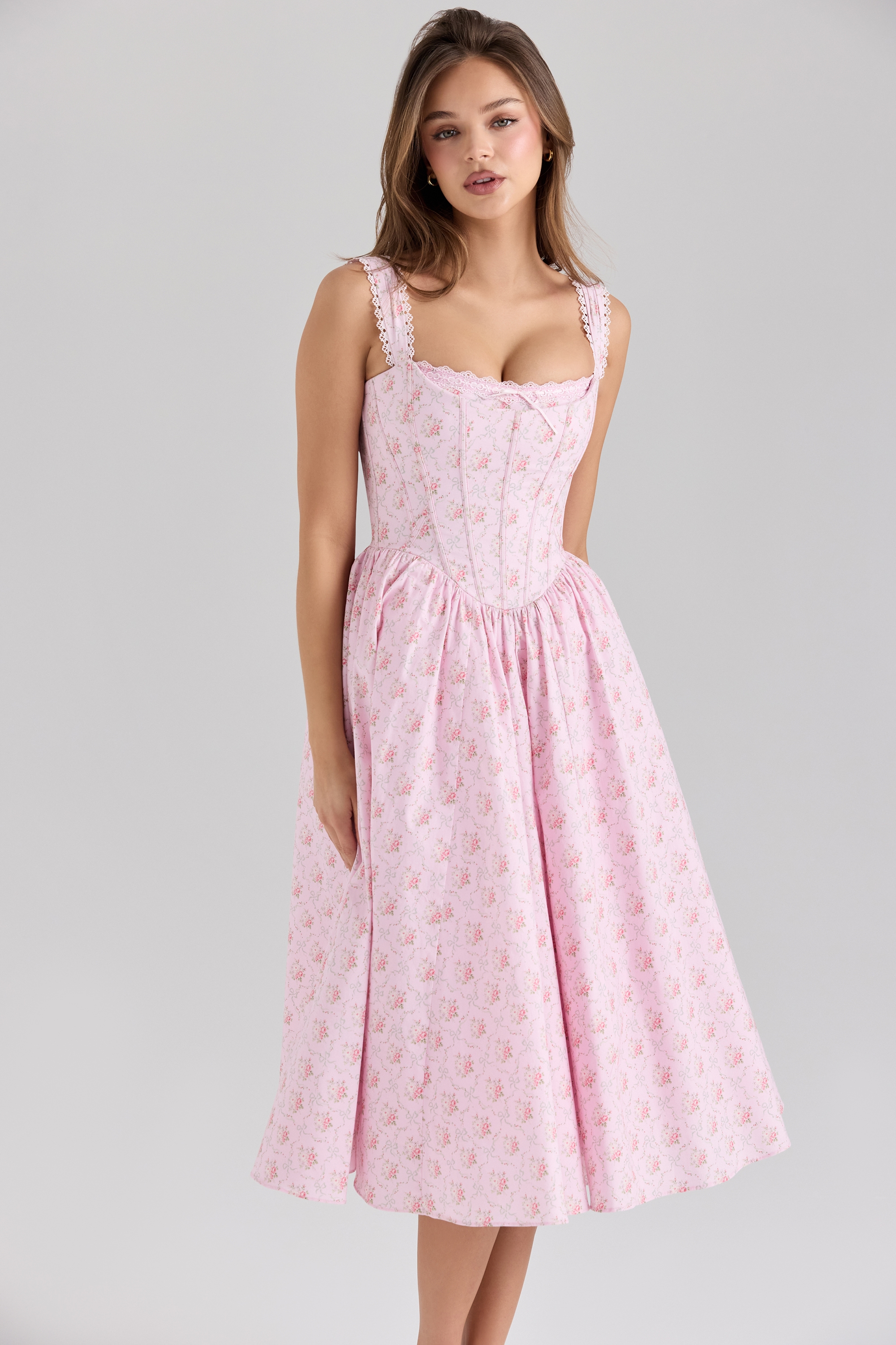 Amara  Pink Rose Print Stretch Cotton Corset Midi Dress — image 1