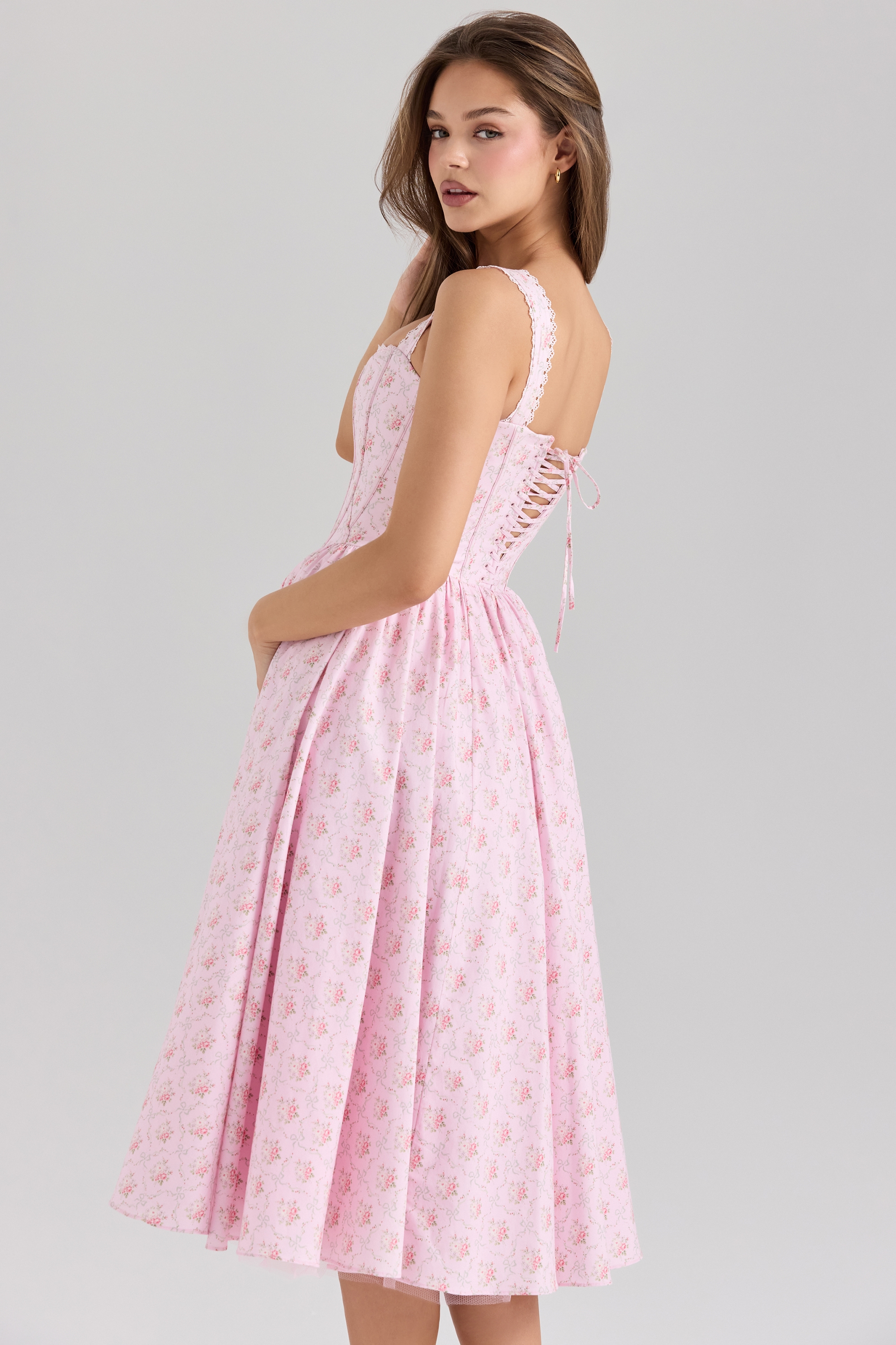 Amara  Pink Rose Print Stretch Cotton Corset Midi Dress — image 6