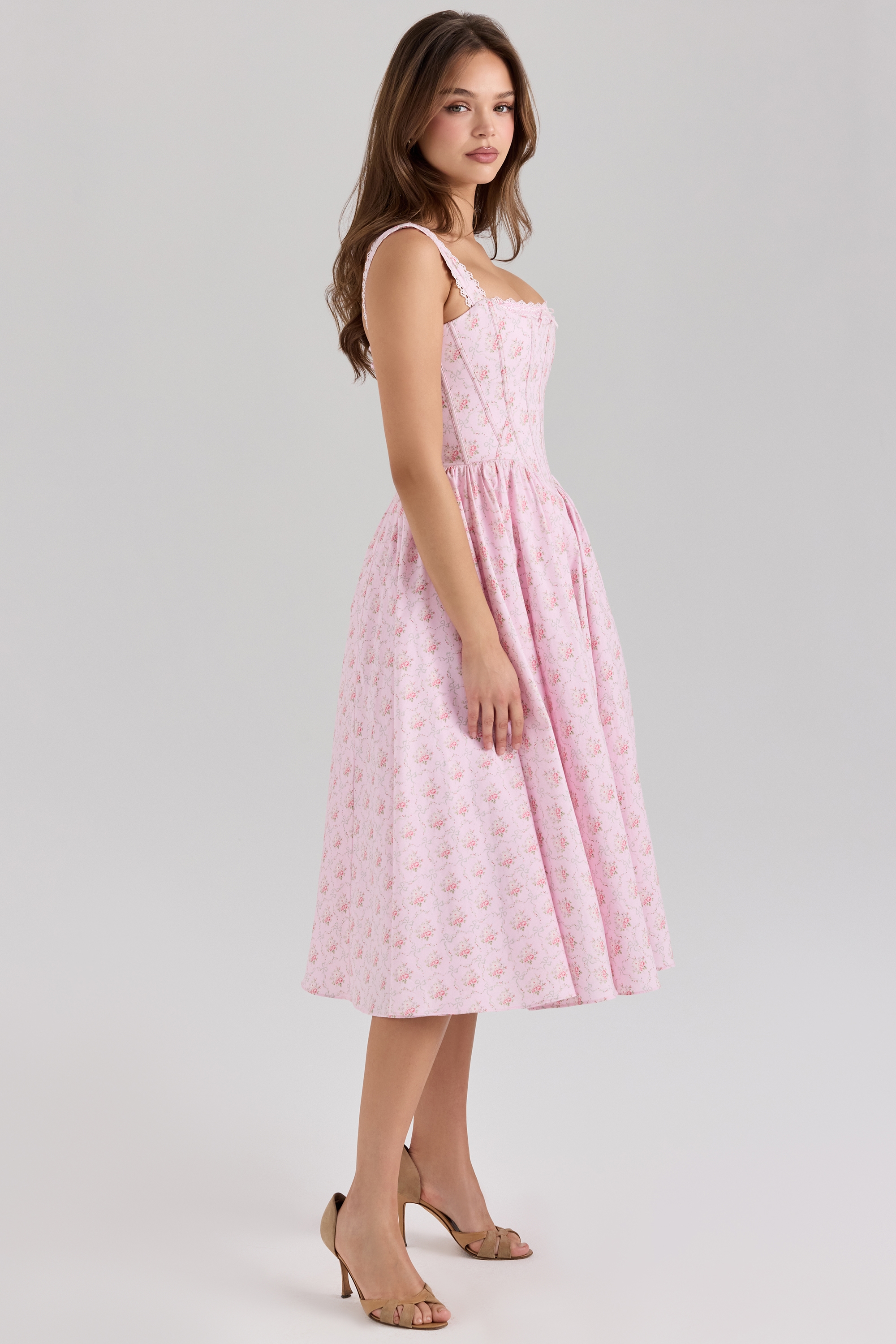Amara  Pink Rose Print Stretch Cotton Corset Midi Dress — image 5