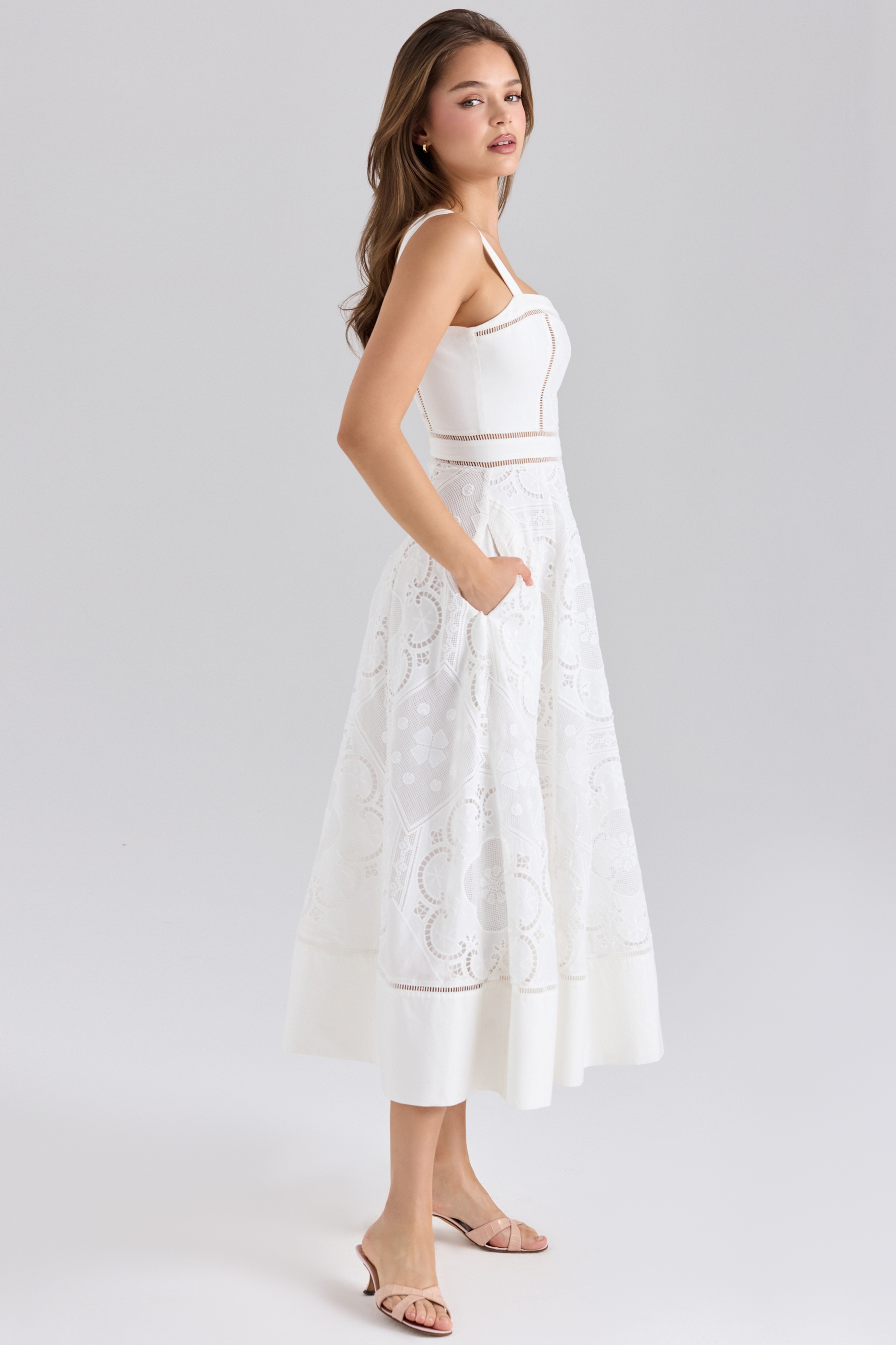 Ava  White Stretch Cotton Broderie Anglaise Midi Dress — image 5