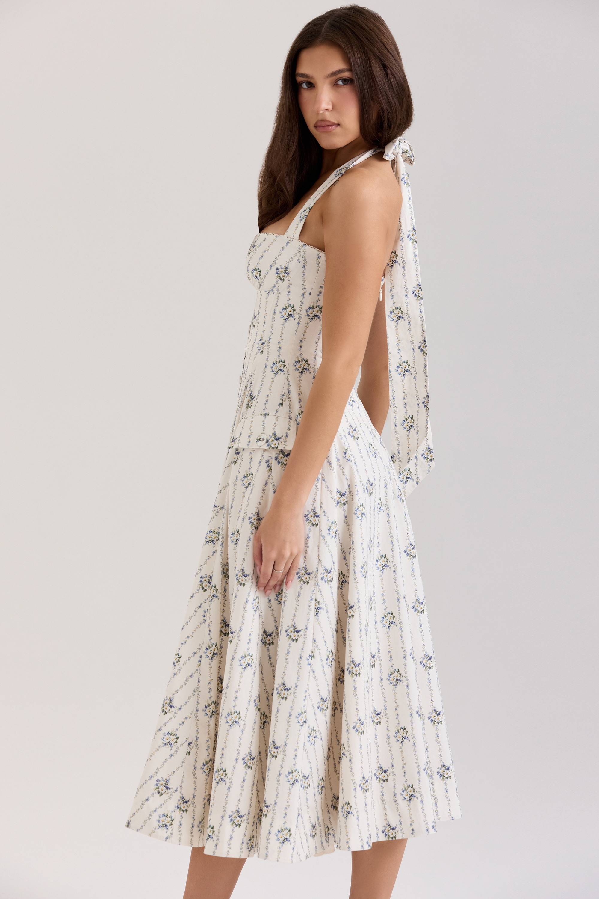 Claudia  Cream Daisy Print Stretch Cotton Halter Neck Midi Dress — image 5