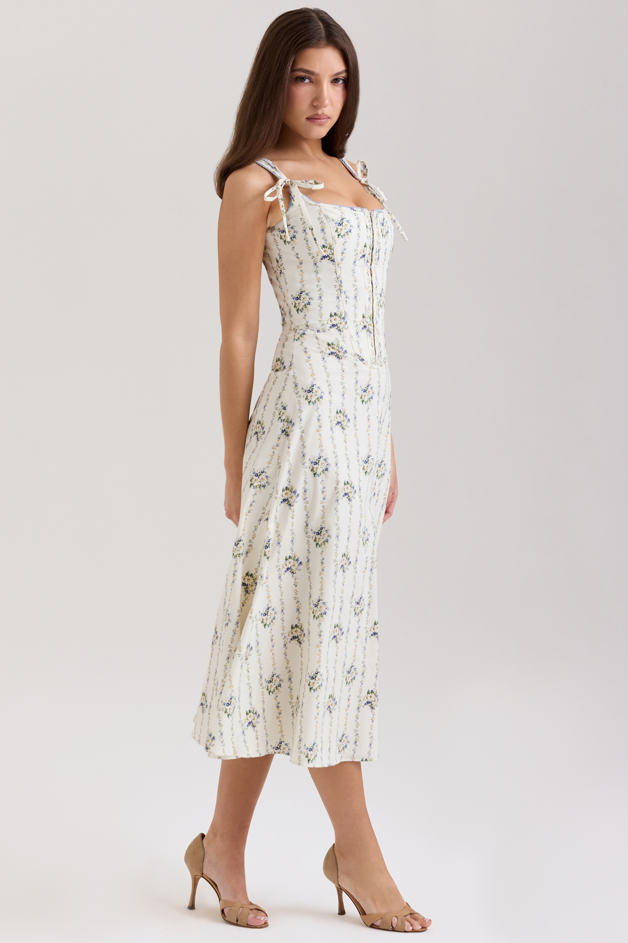 Dionne  Cream Daisy Print Stretch Cotton Midi Dress — image 5