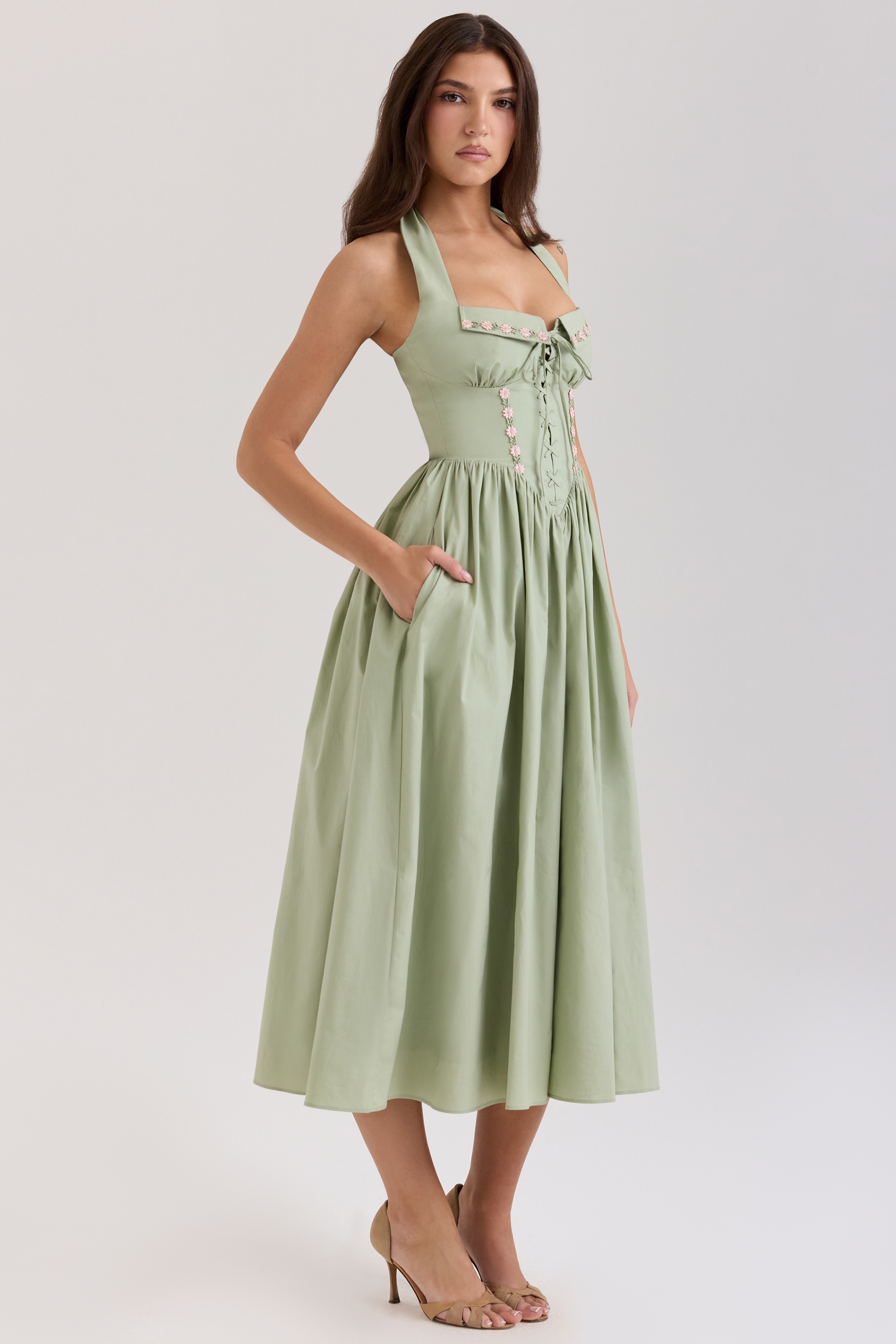 Emilia  Sage Stretch Cotton Halter Neck Midi Dress — image 6