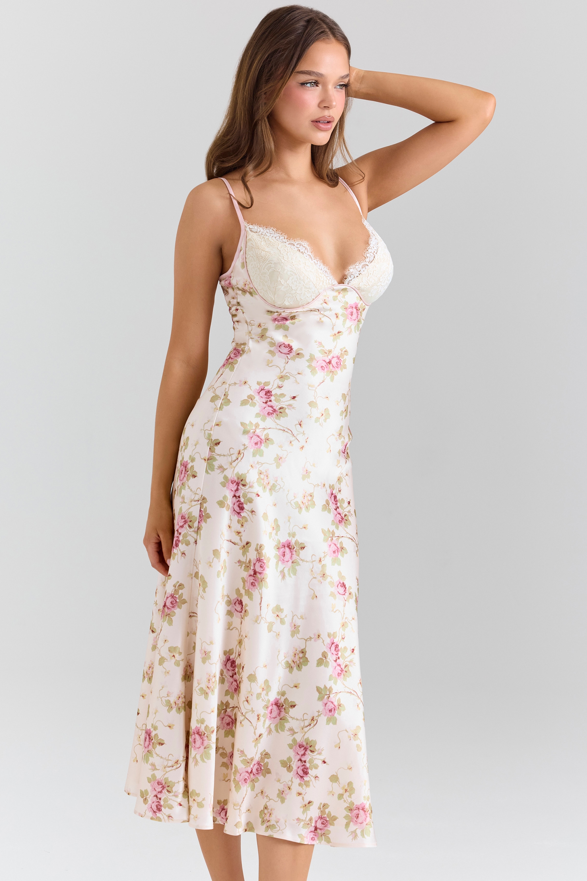 Felicity  Ivory Floral Print Satin Bias Cut Midi Dress — image 3