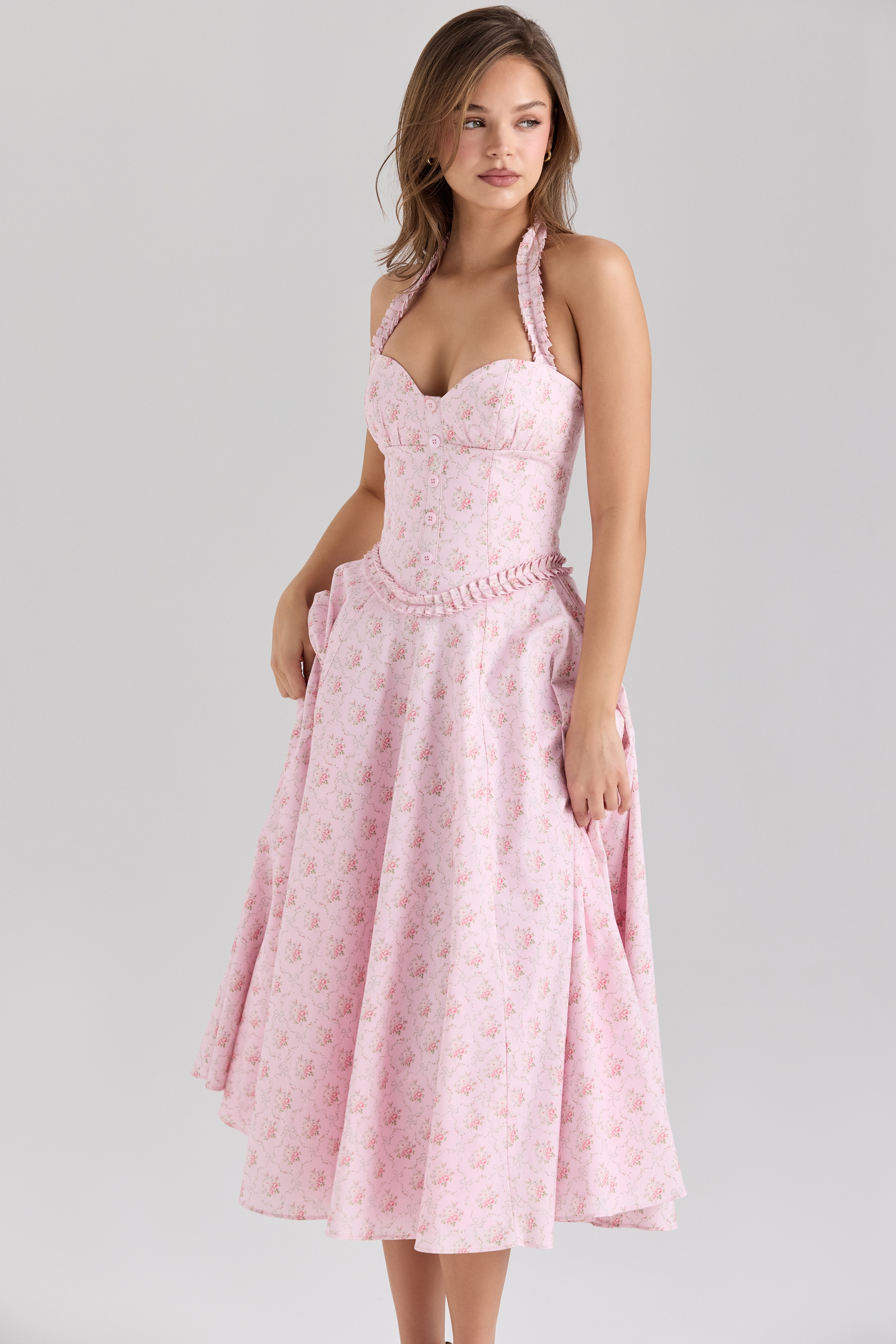 Georgie  Pink Rose Print Stretch Cotton Halter Neck Midi Dress — image 3