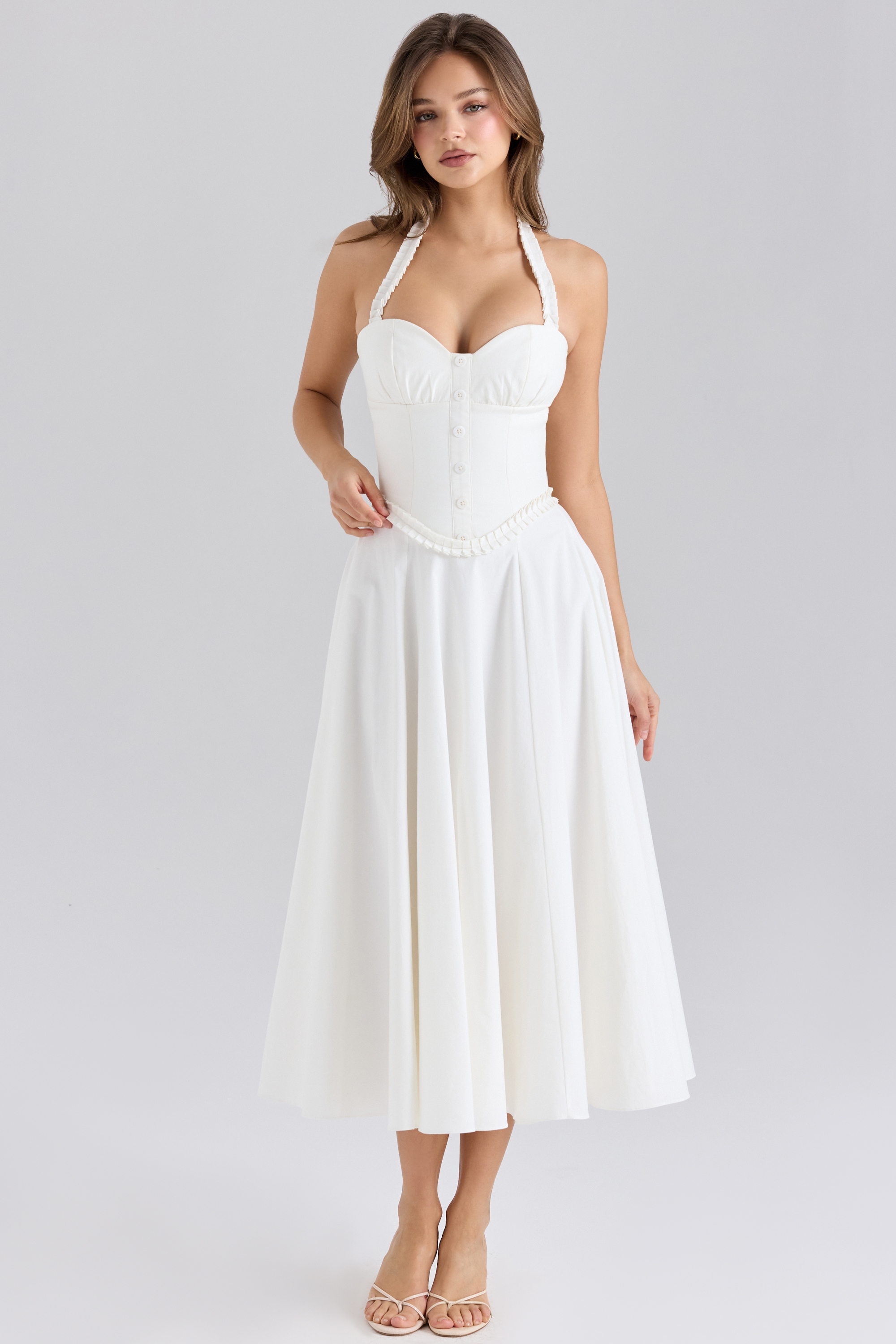 Georgie  White Stretch Cotton Halter Neck Midi Dress — image 3