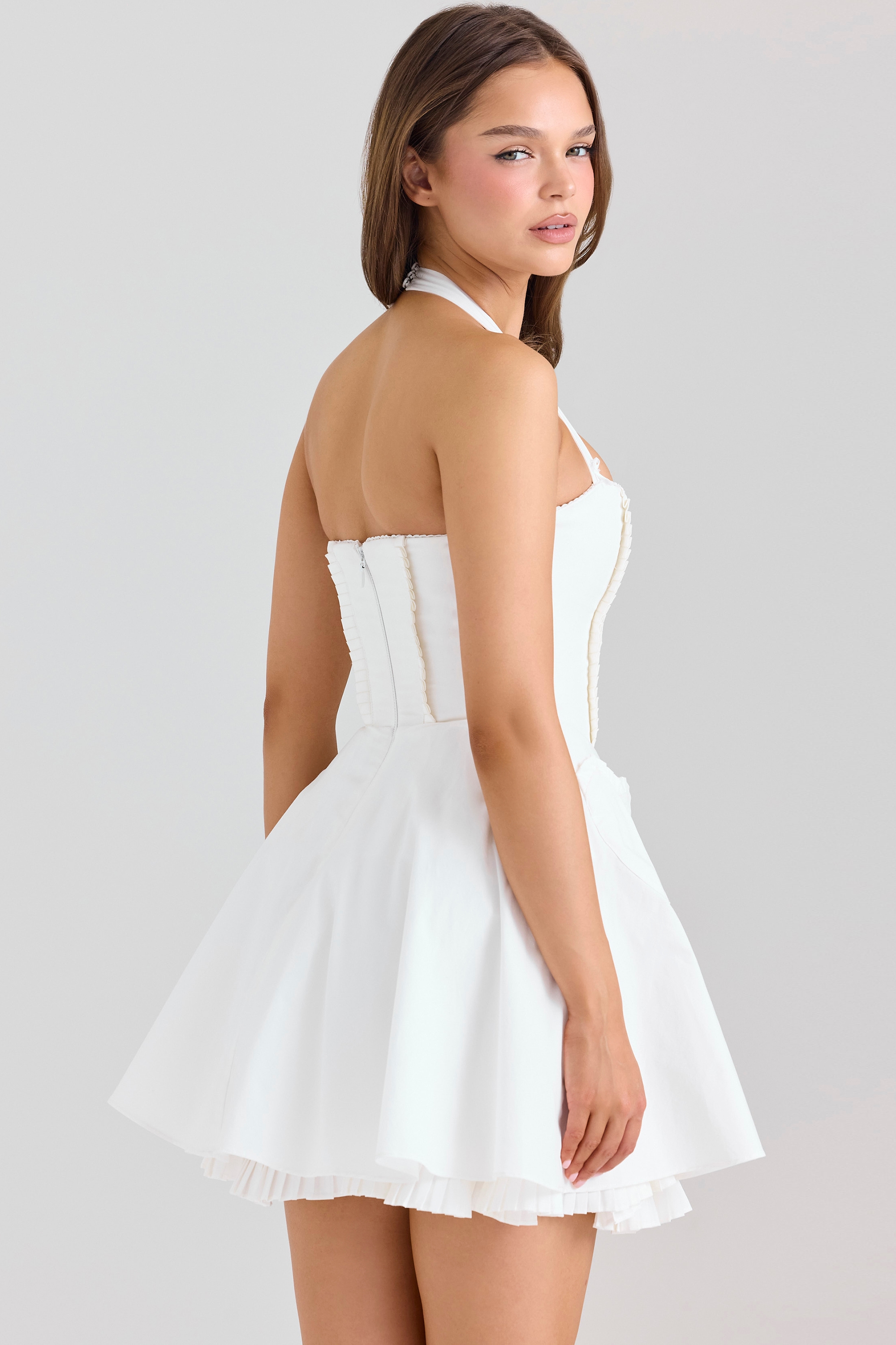 Heidi  White Stretch Cotton Halter Neck Mini Dress — image 2