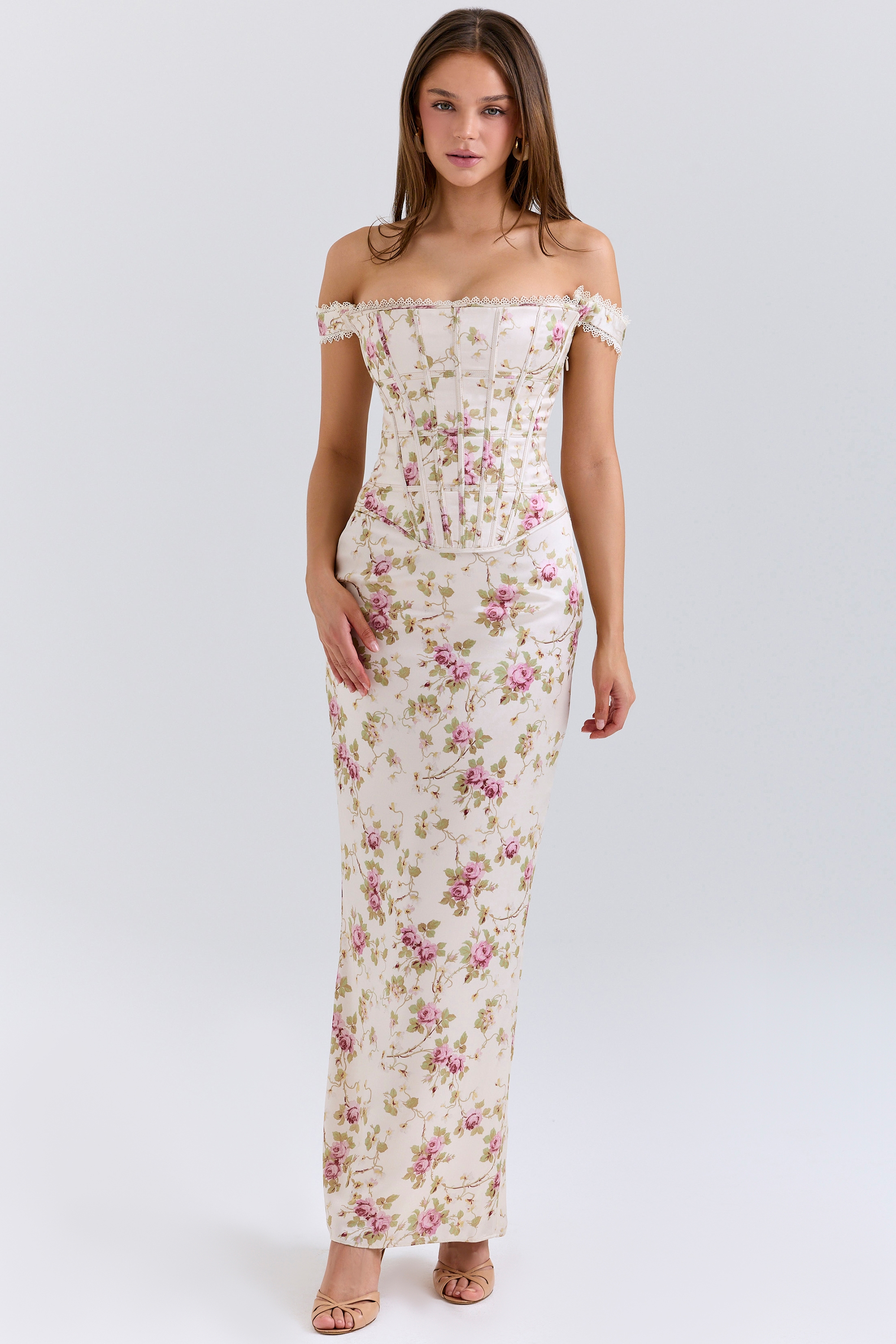 Isis  Vintage Cream Floral Print Corset Maxi Dress — image 3