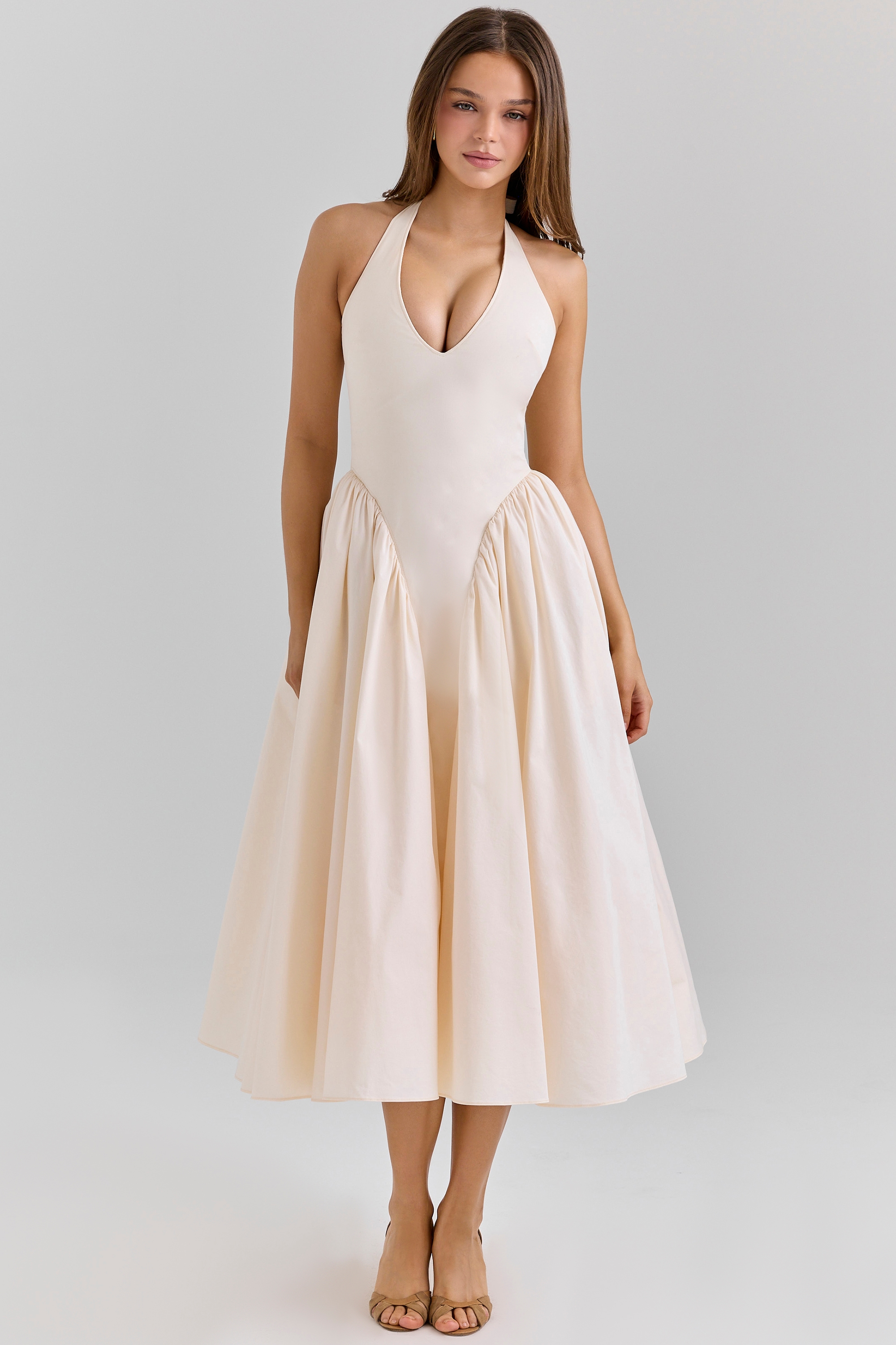 Marilyn Ecru Stretch Cotton Midi Sundress