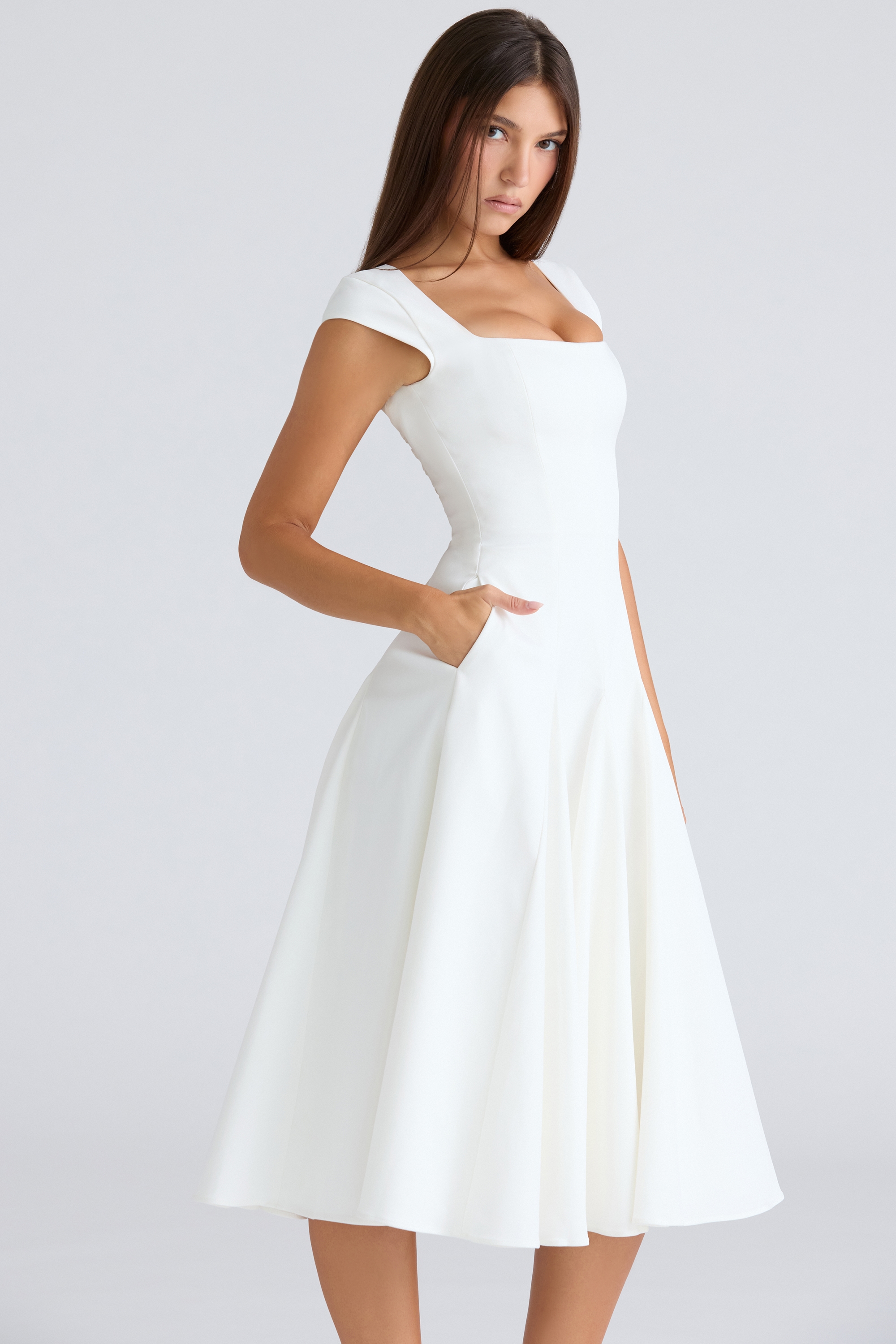 Raisa  White Square Neck Twill Midi Dress — image 2