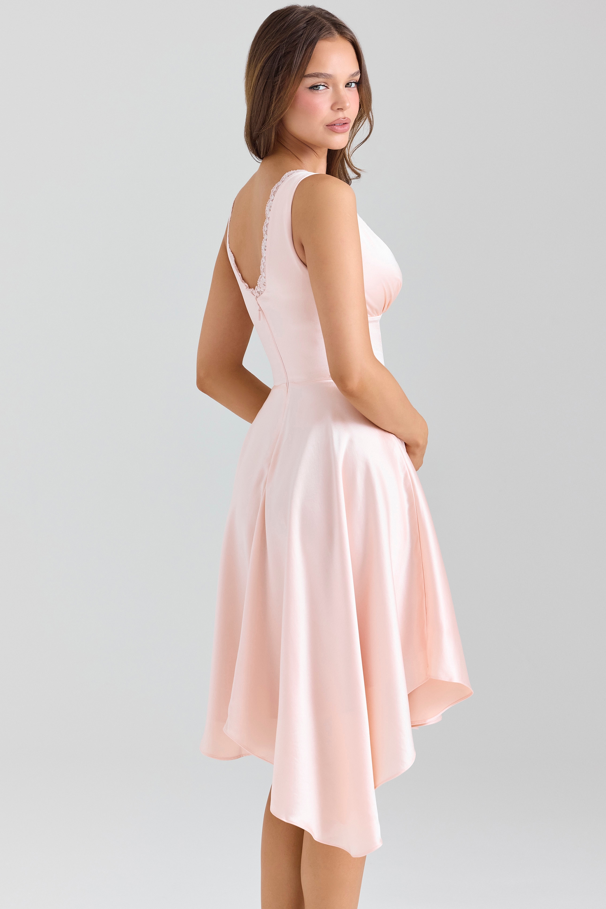 Sabella  Pink Satin Asymmetric Handkerchief Hem Midi Dress — image 7