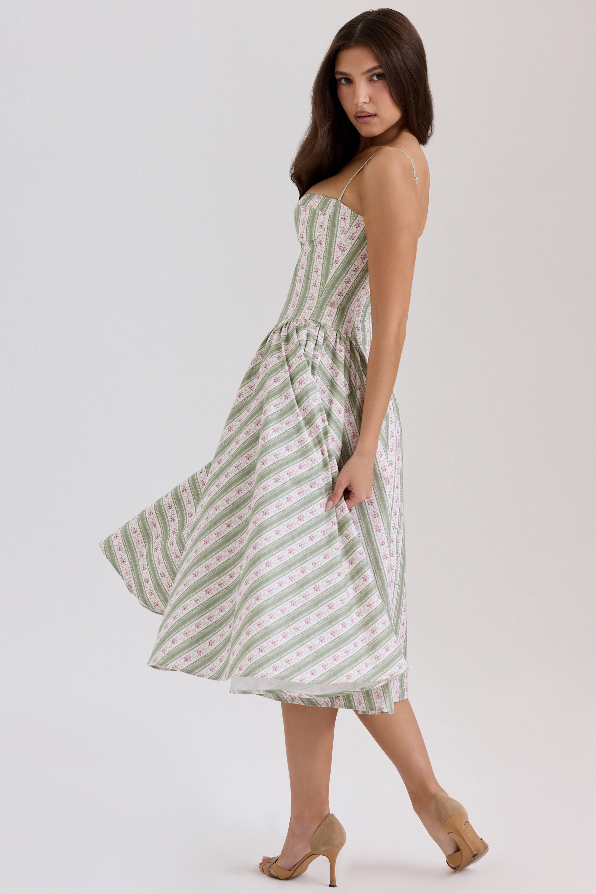Samaria  Sage Striped Floral Print Cotton Midi Dress — image 5