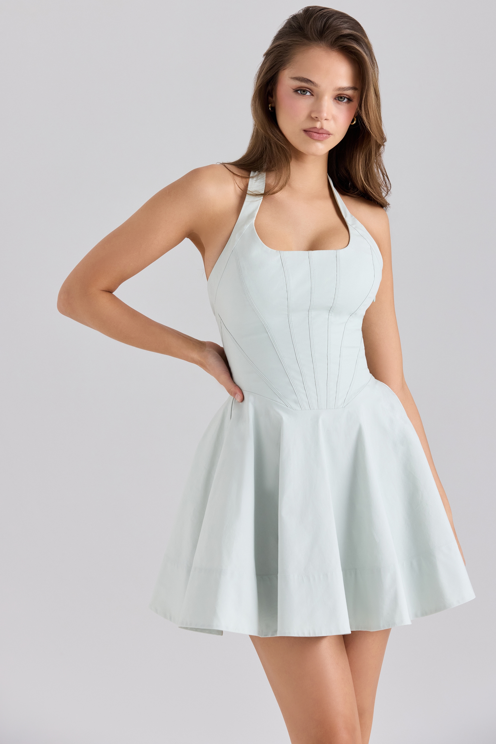 Sasha  Pistachio Stretch Cotton Halter Neck Mini Dress — image 3