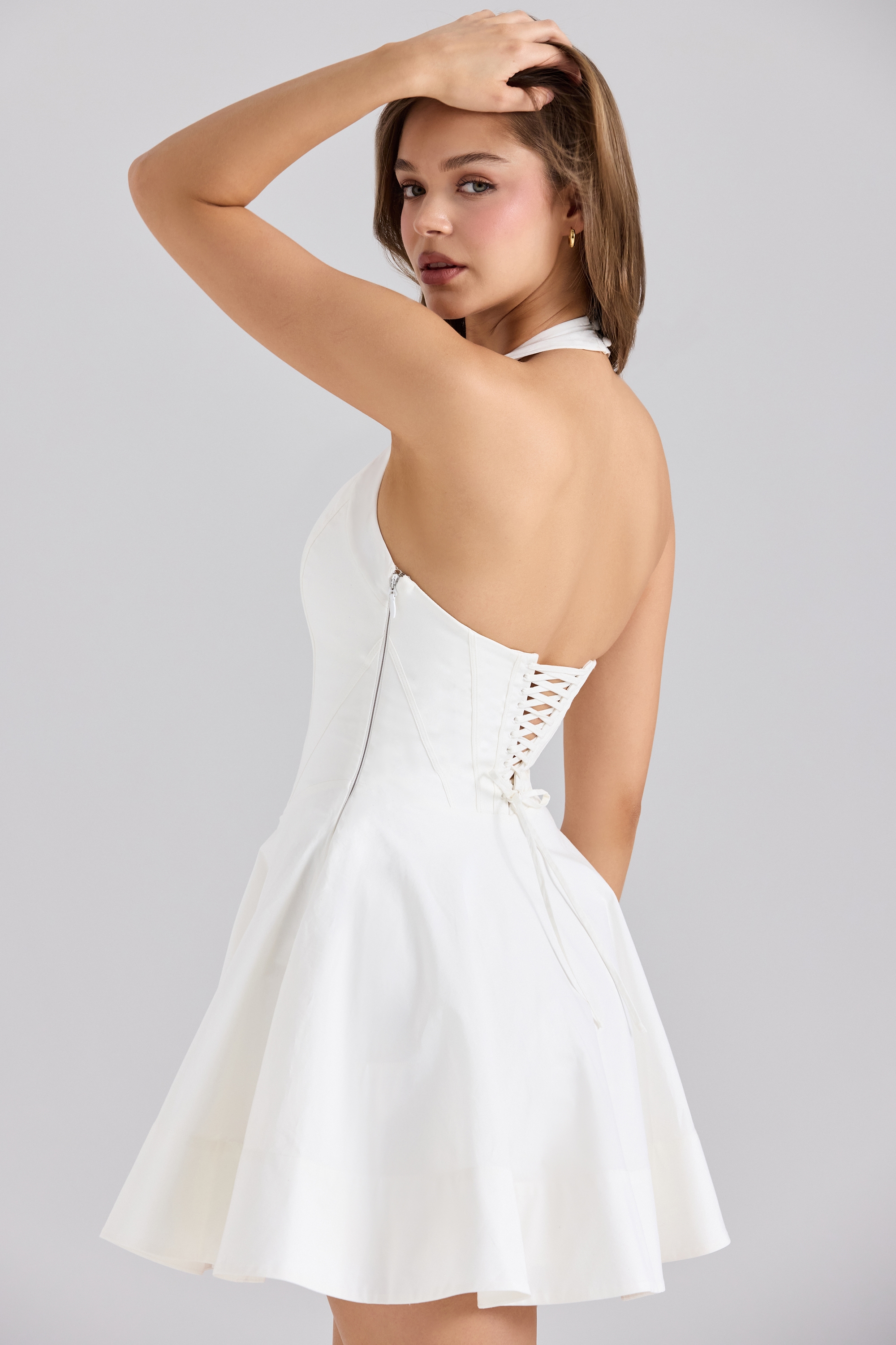 Sasha  White Stretch Cotton Halter Neck Mini Dress — image 5