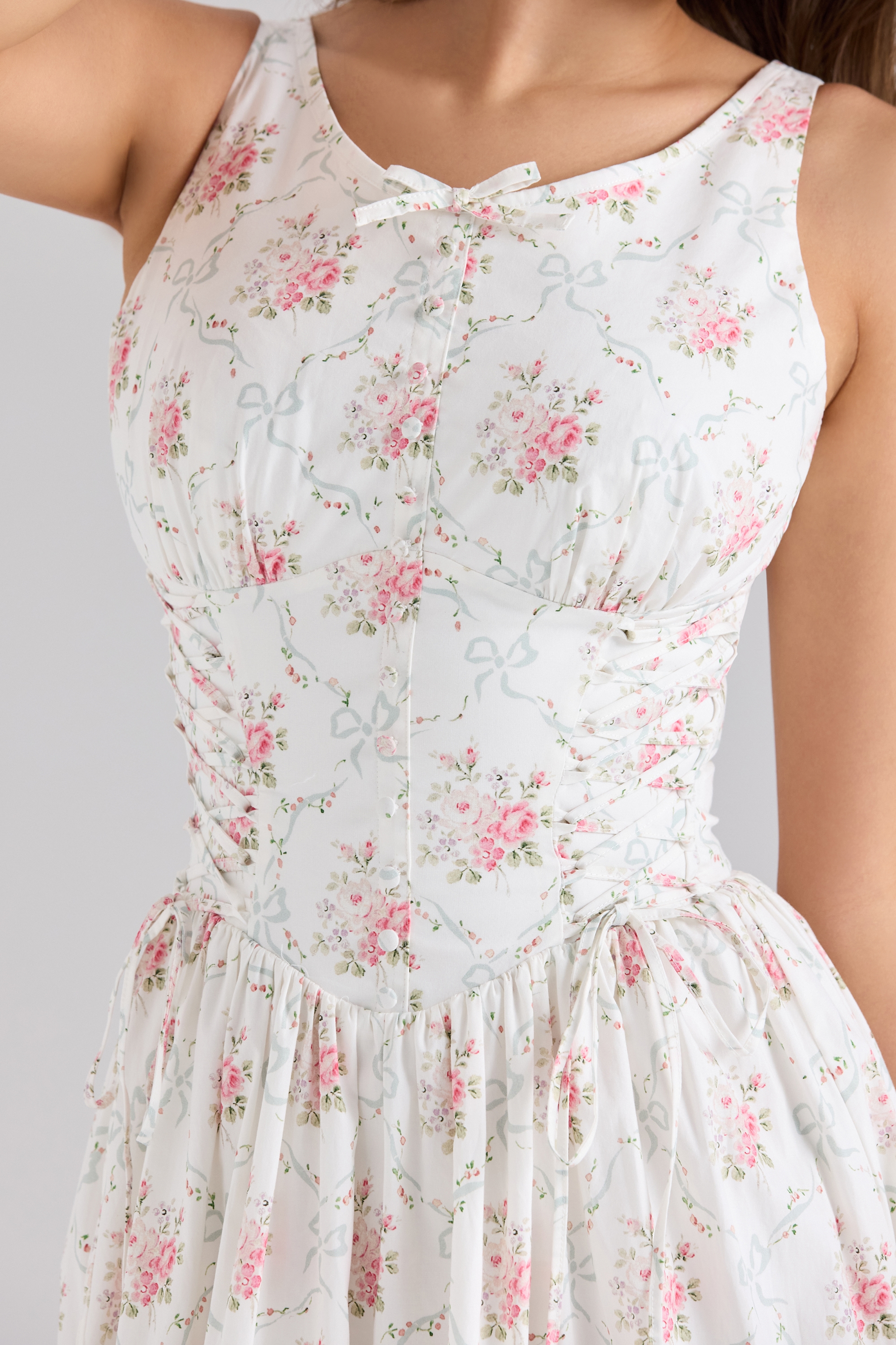Sienna  Rose Print Stretch Cotton Lace Up Midi Dress — image 3