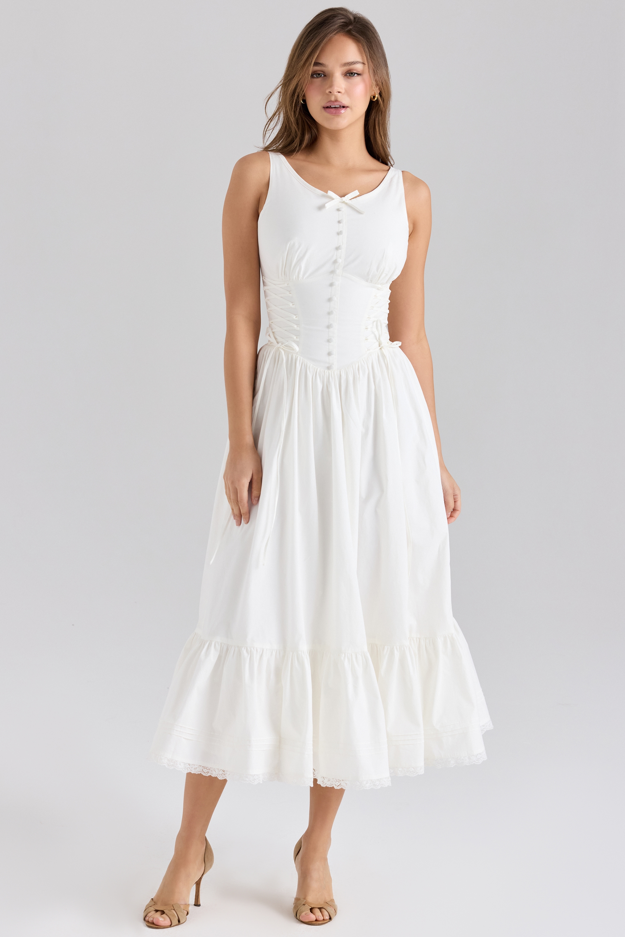 Sienna  White Stretch Cotton Lace Up Midi Dress — image 3