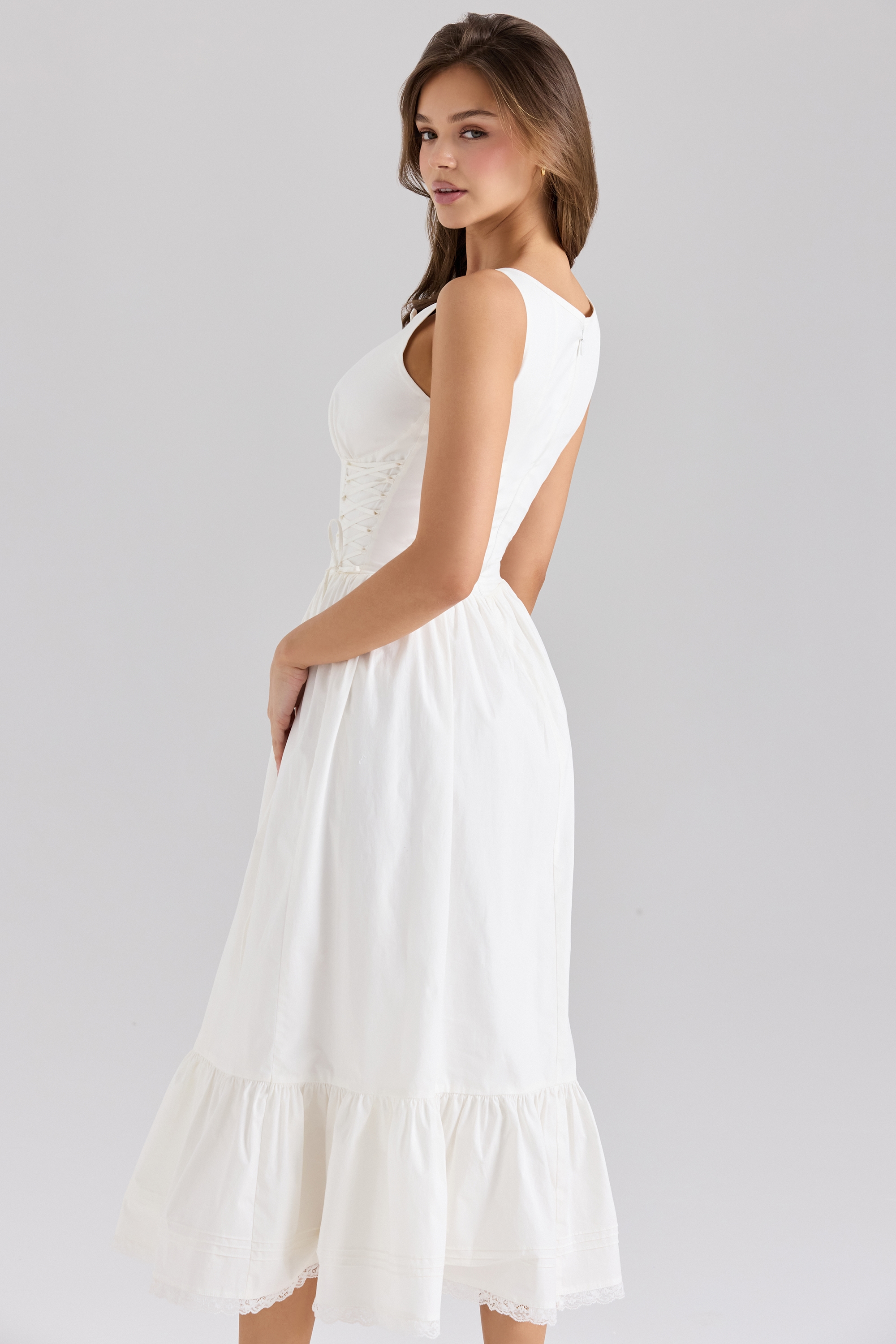 Sienna  White Stretch Cotton Lace Up Midi Dress — image 7