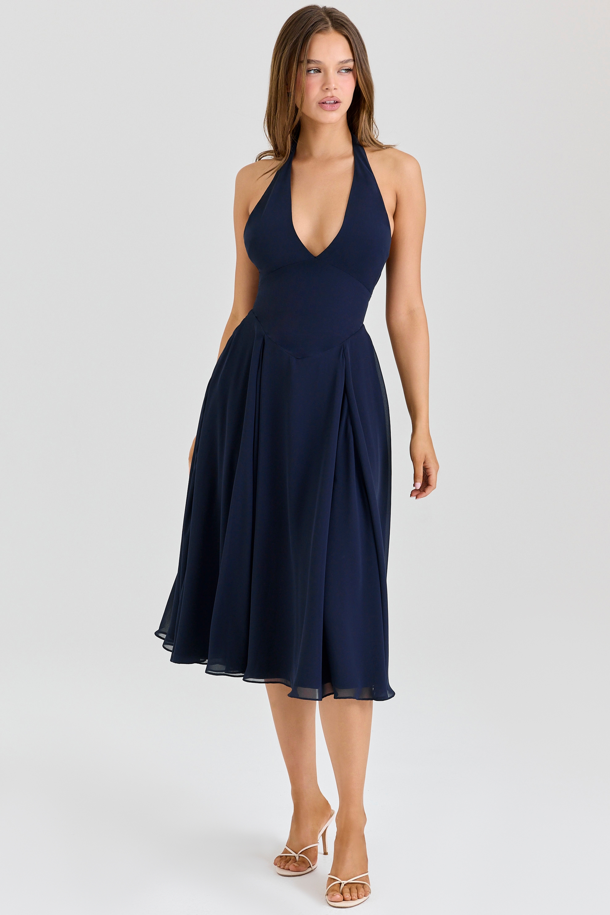 Solada  Navy Georgette Halter Midi Dress — image 3