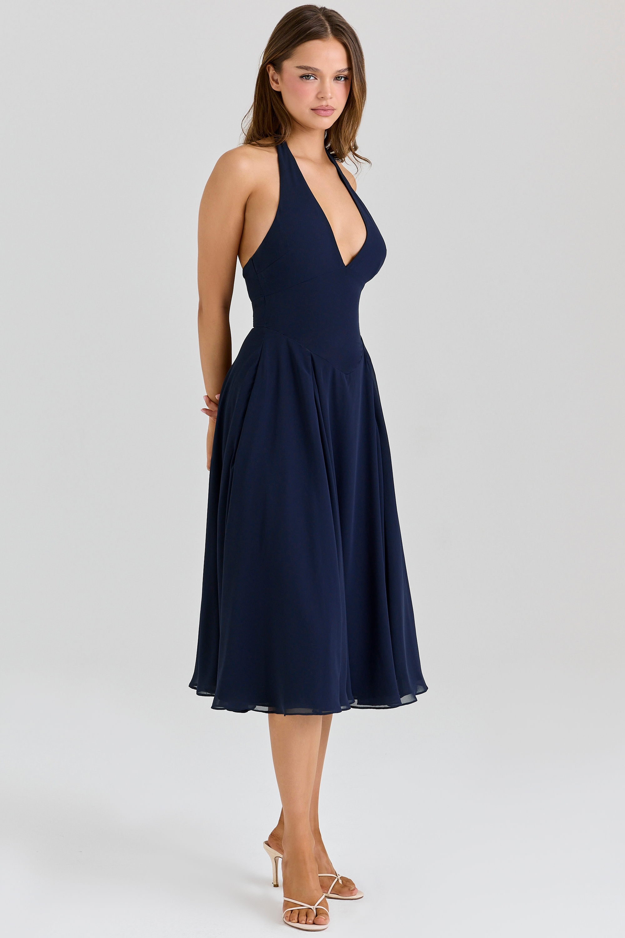Solada  Navy Georgette Halter Midi Dress — image 6