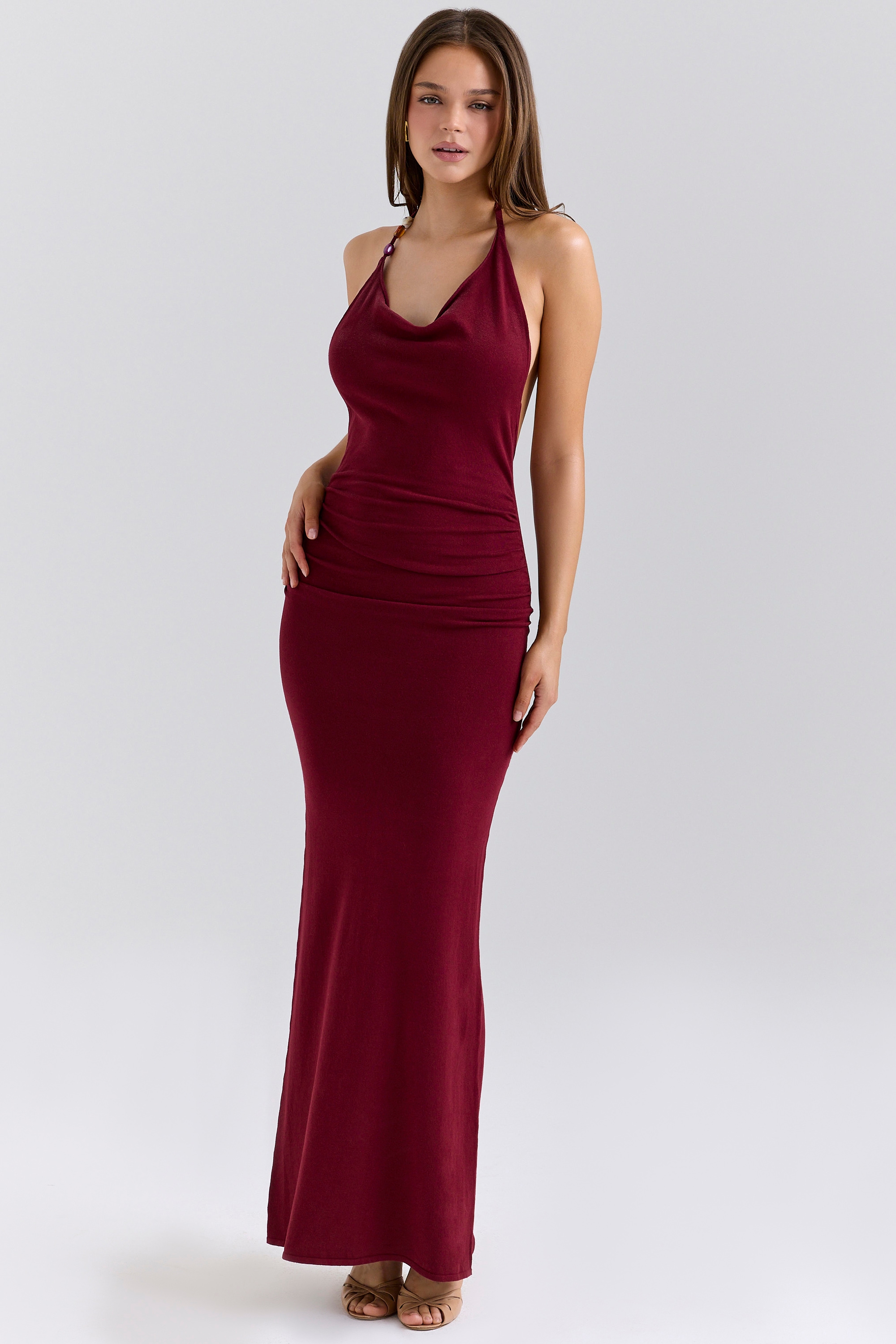 Thalina  Wine Draped Halter Neck Maxi Dress — image 3
