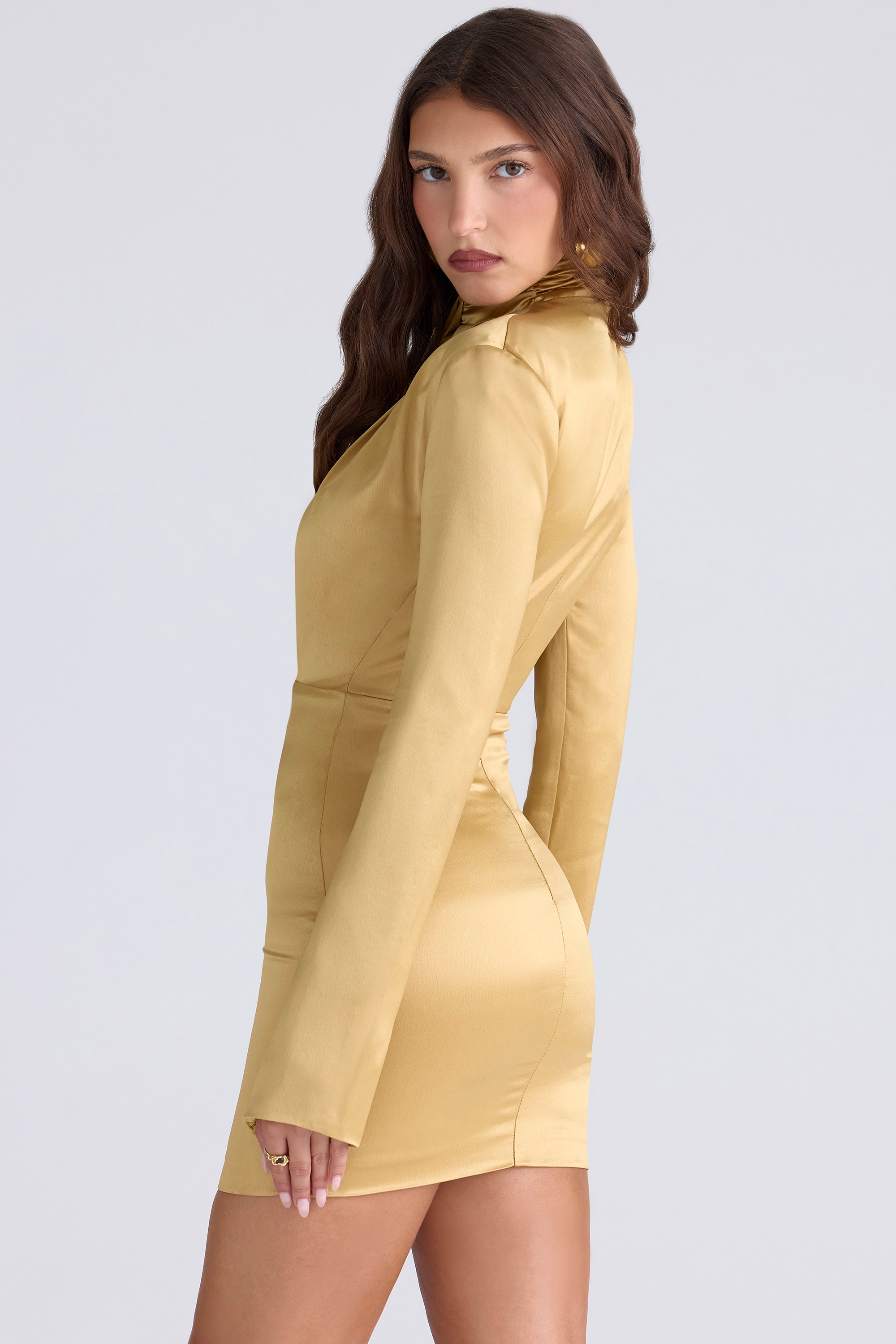 Amala  Gold Long Sleeve Satin Mini Dress — image 2