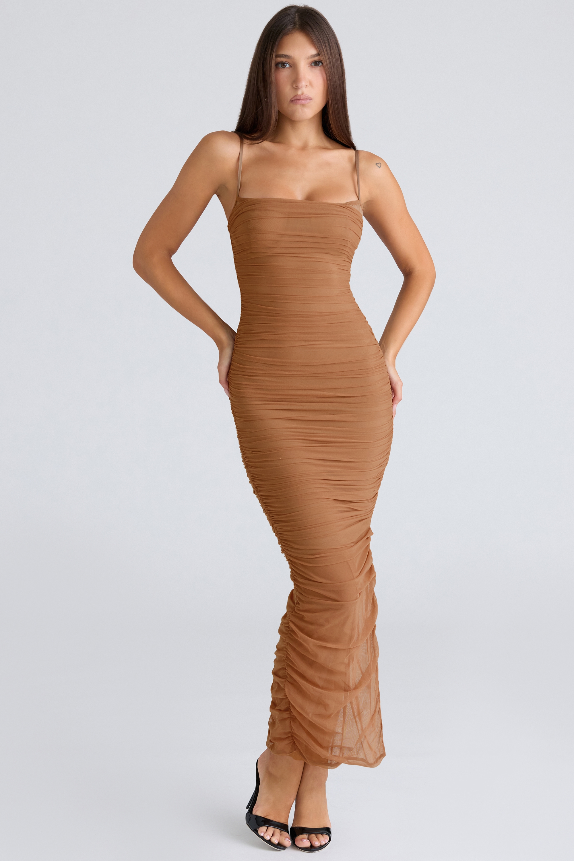 Fornarina  Tan Gathered Stretch Mesh Maxi Dress — image 3