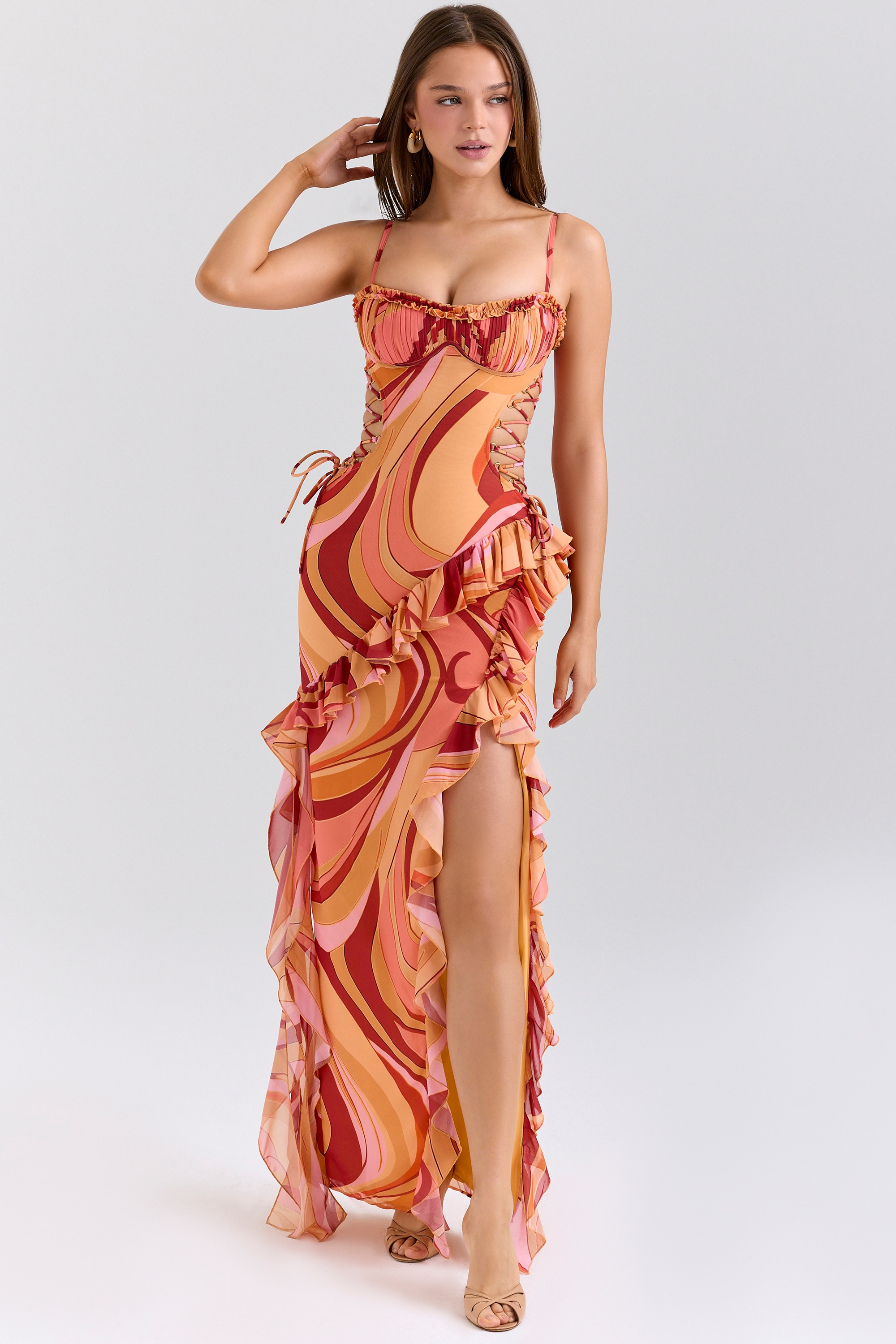 Lumira  Sunset Swirl Print Ruffle Cut Out Maxi Dress — image 3