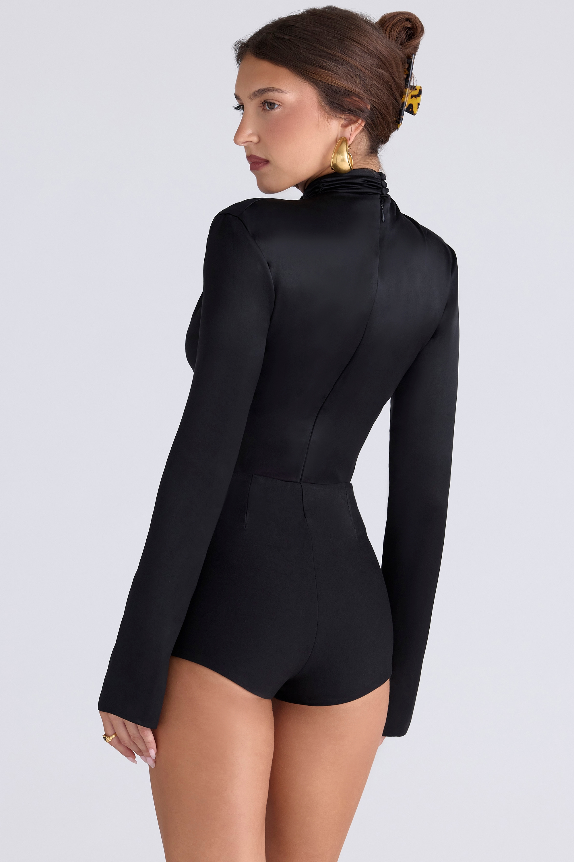 Neneh  Black Satin High Neck Long Sleeve Bodysuit — image 2