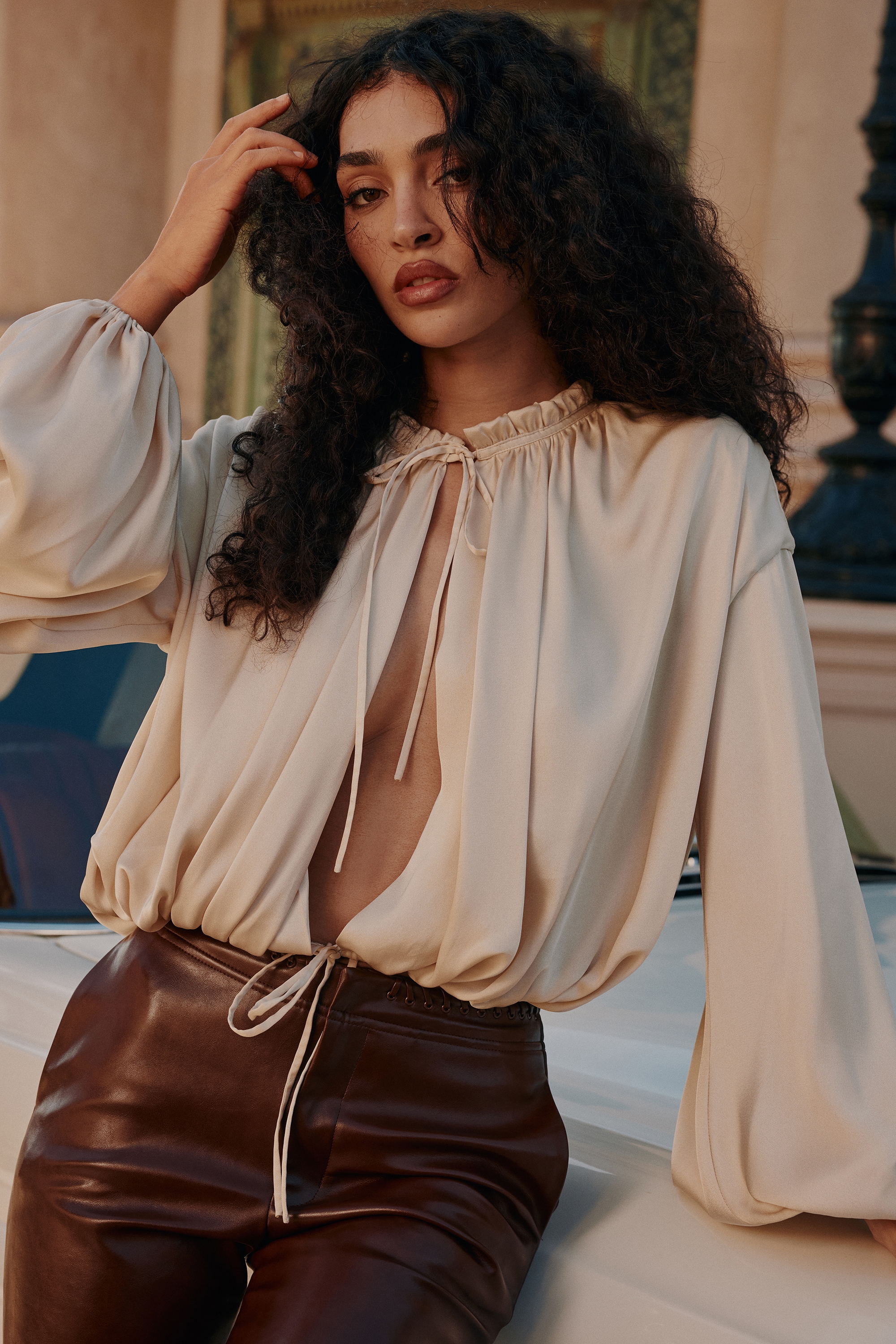 Talia  Ecru Satin Open Front Blouse — image 5